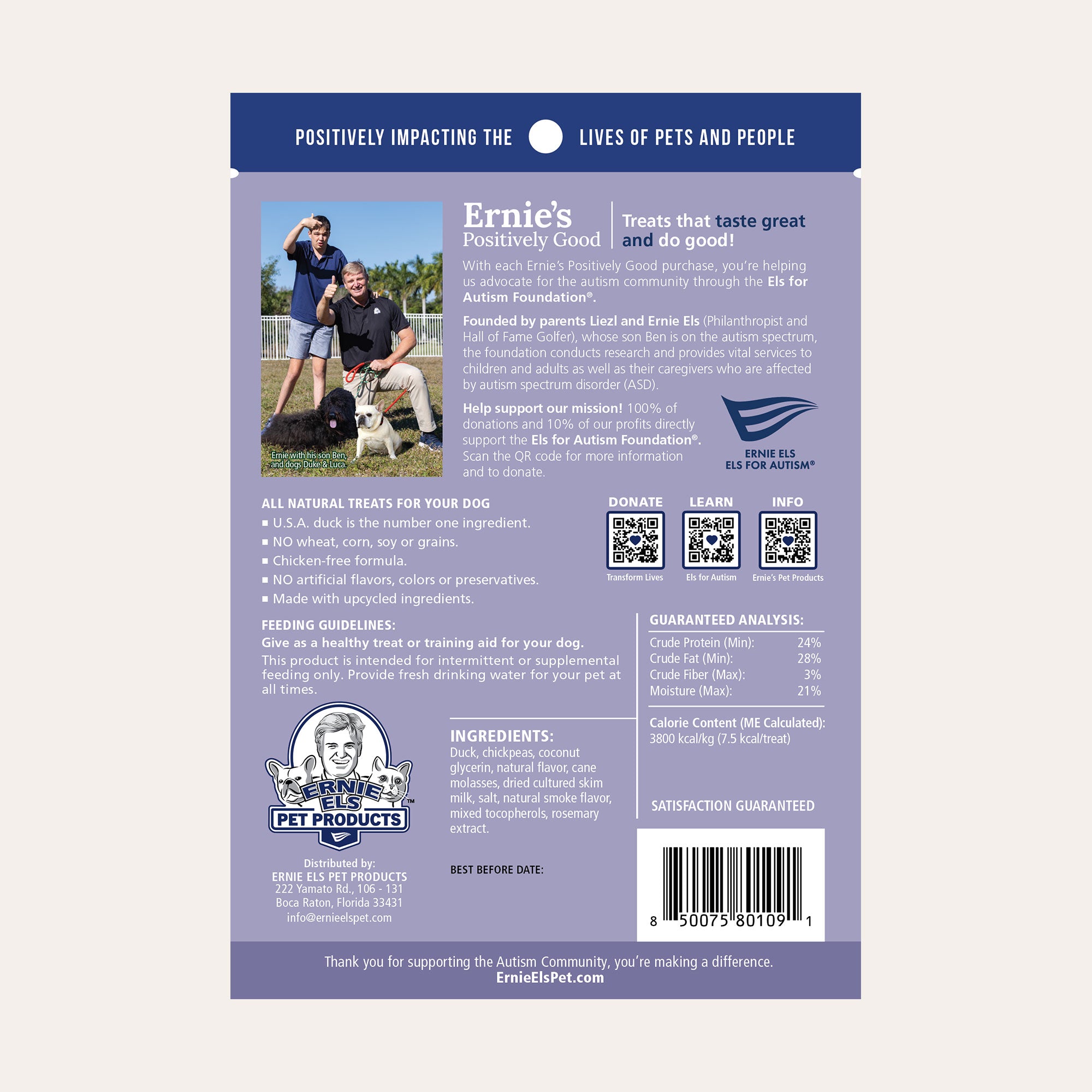 Back of Ernie's Positively Good duck recipe dog treats packaging