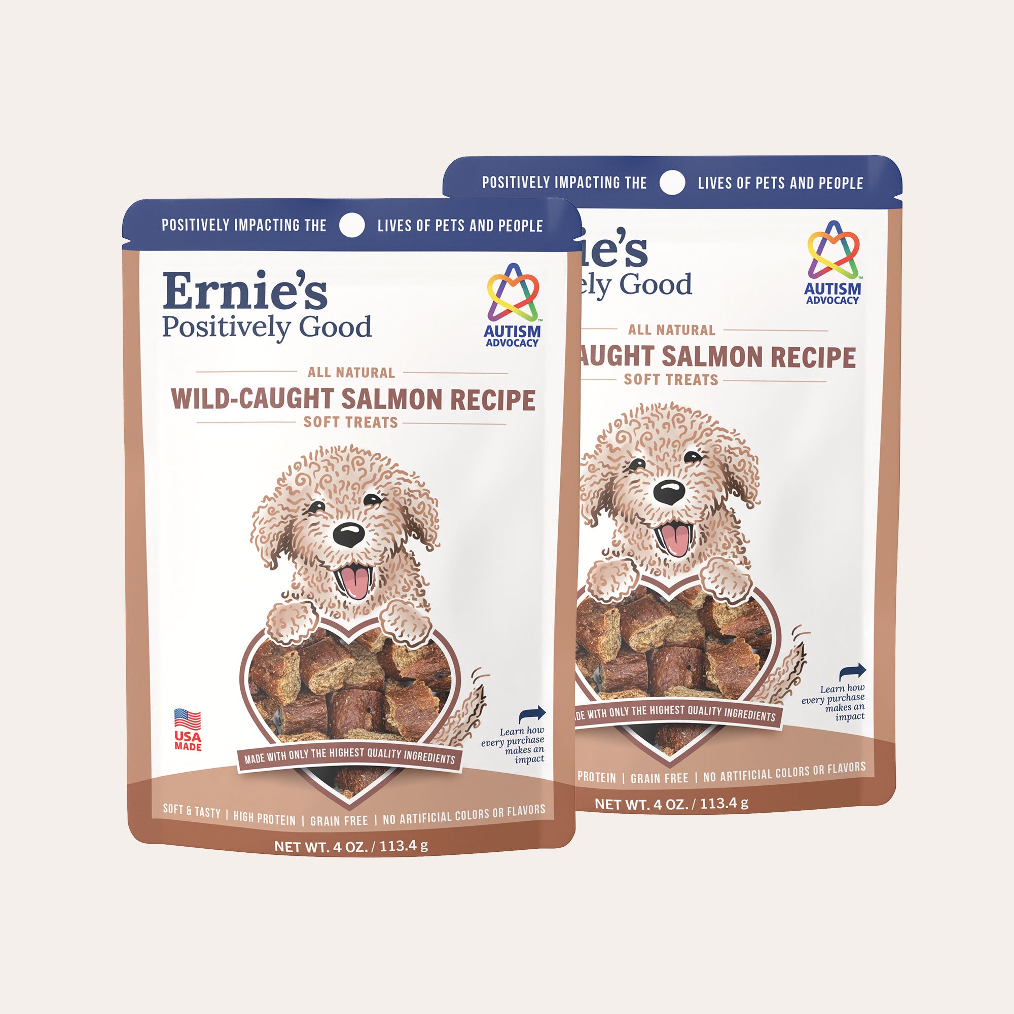 2 packages of Ernies's Positively Good wild-caught salmon recipe soft dog treats.