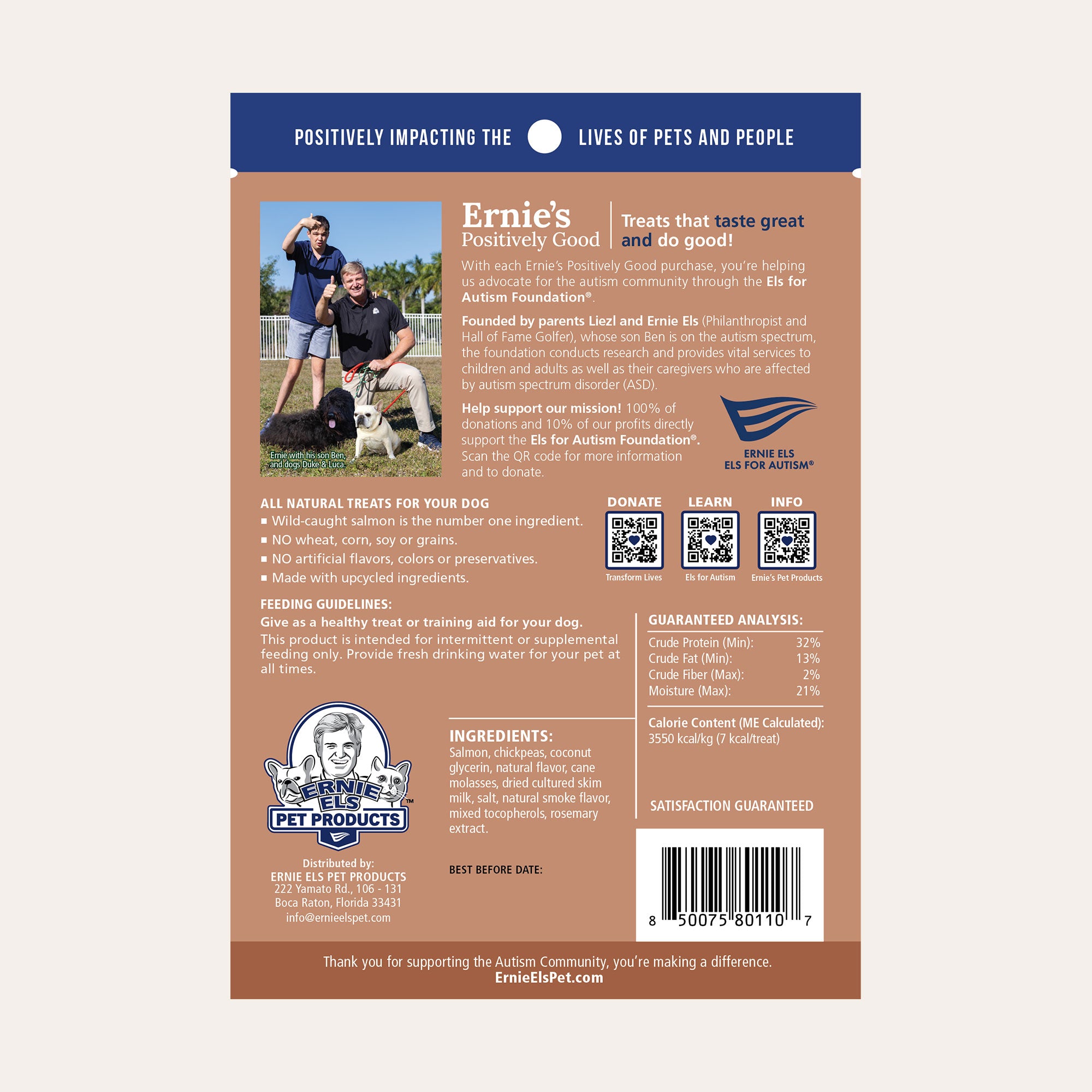 Back of packaging - Ernies's Positively Good wild-caught salmon recipe soft dog treats.