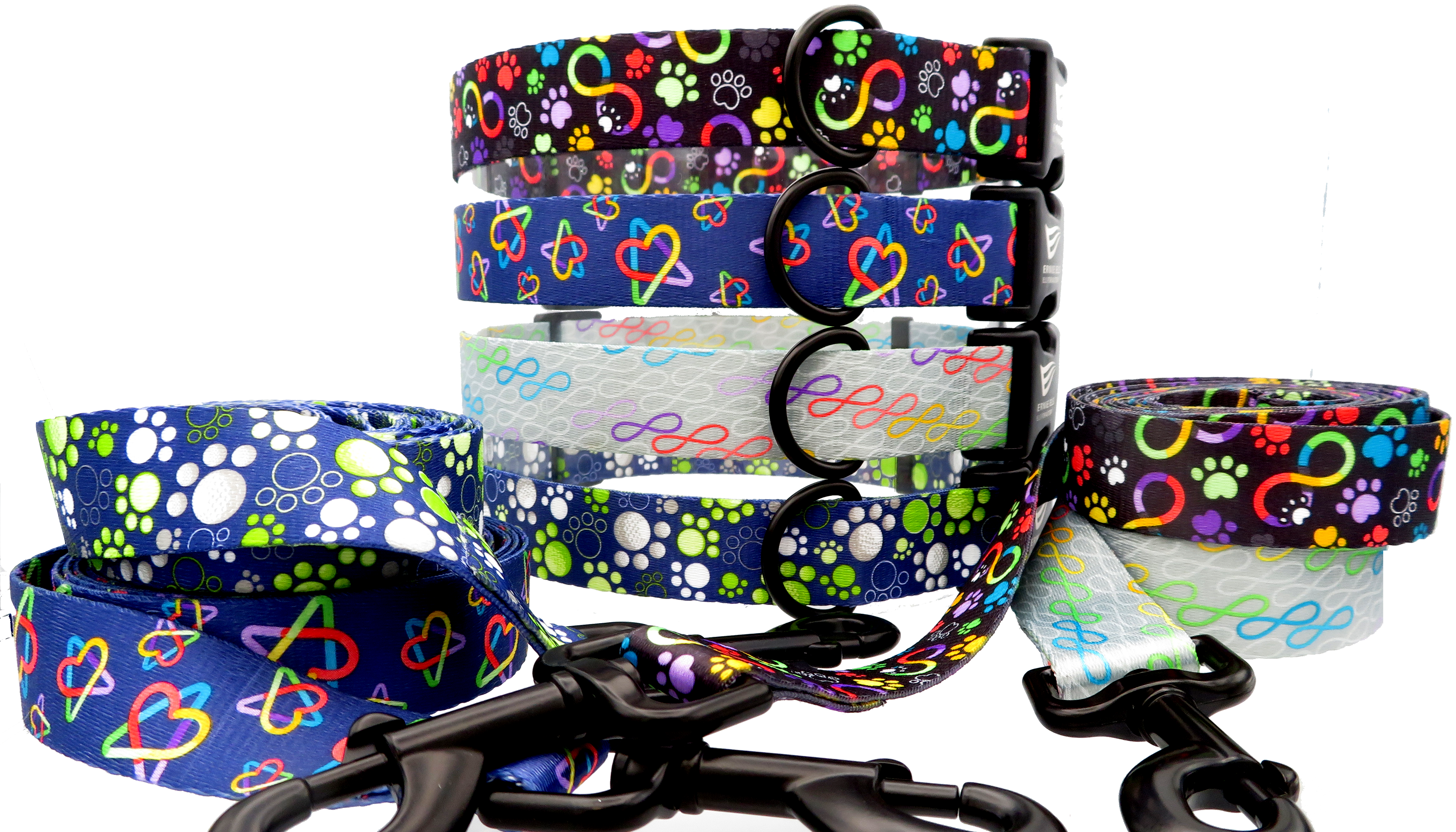 4 unique printed dog collars and matching leashes from Ernie Els