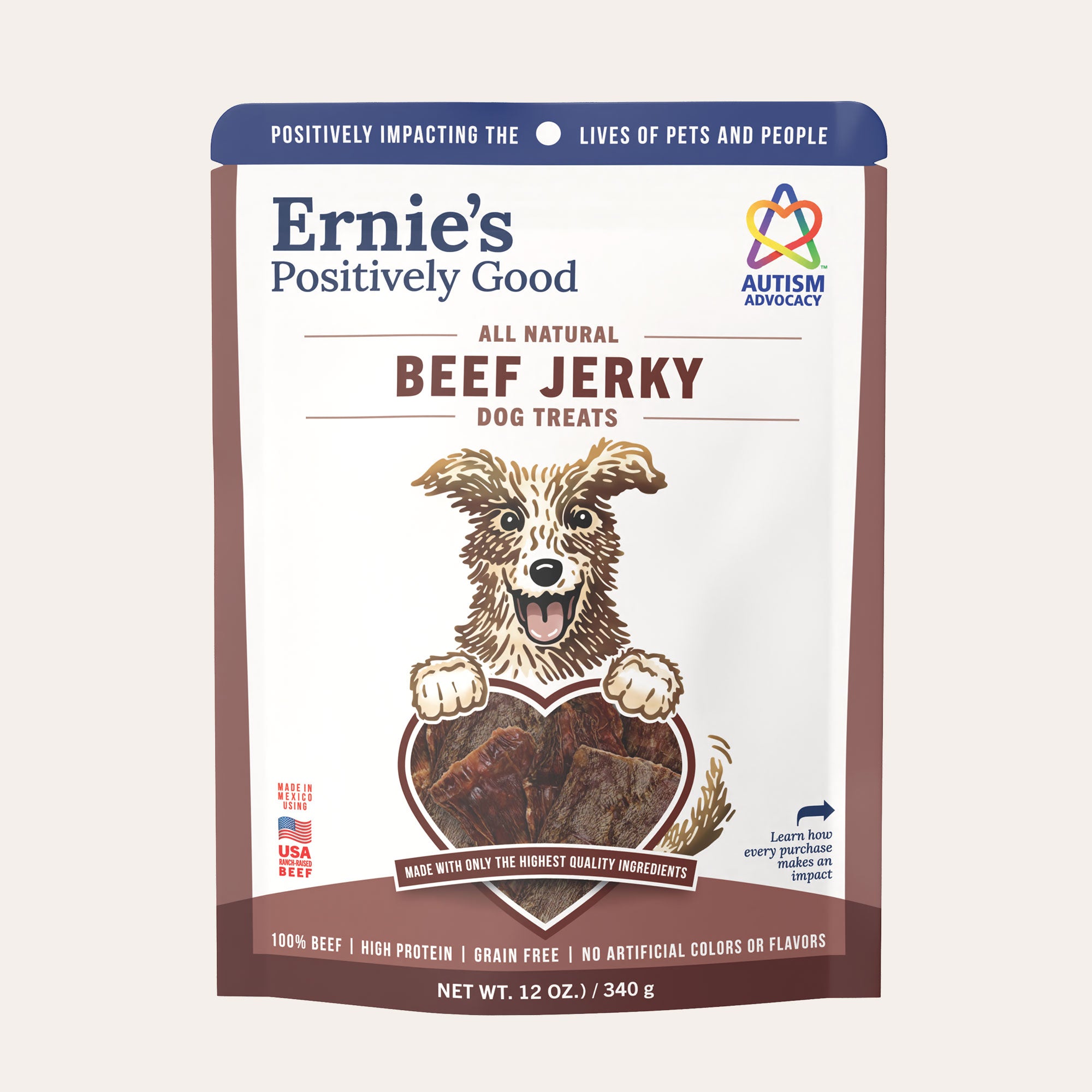 Package of Ernie's Positively Good Beef Jerky dog treats.
