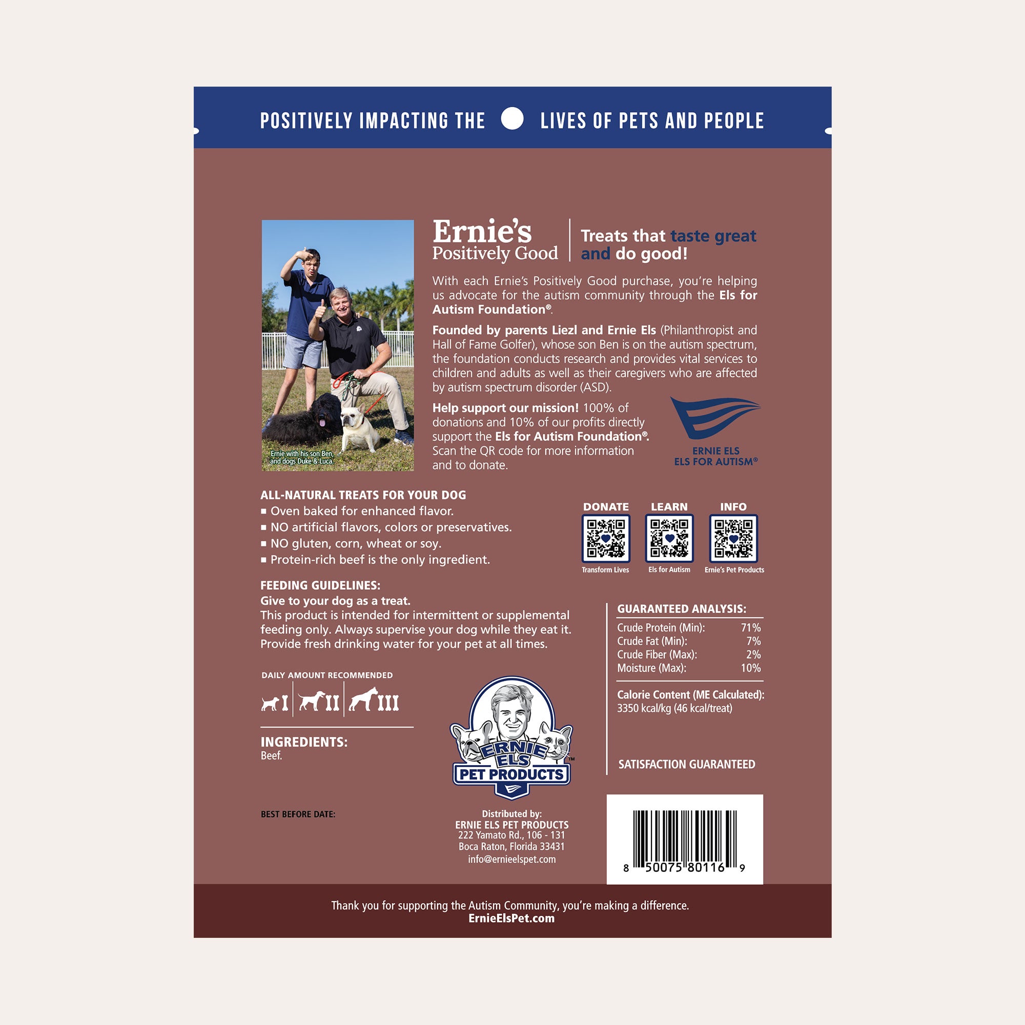 Back of package - Ernie's Positively Good Beef Jerky dog treats.