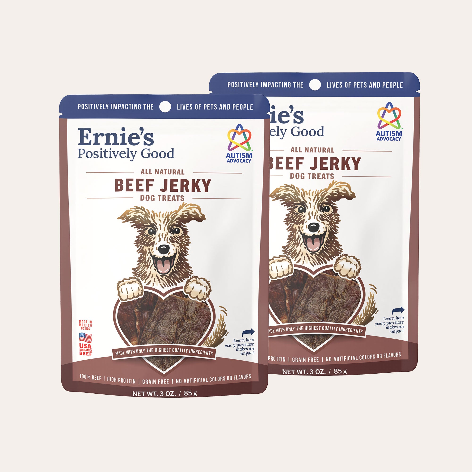 Two pack of Ernie's Positively Good Beef Jerky Dog treats.