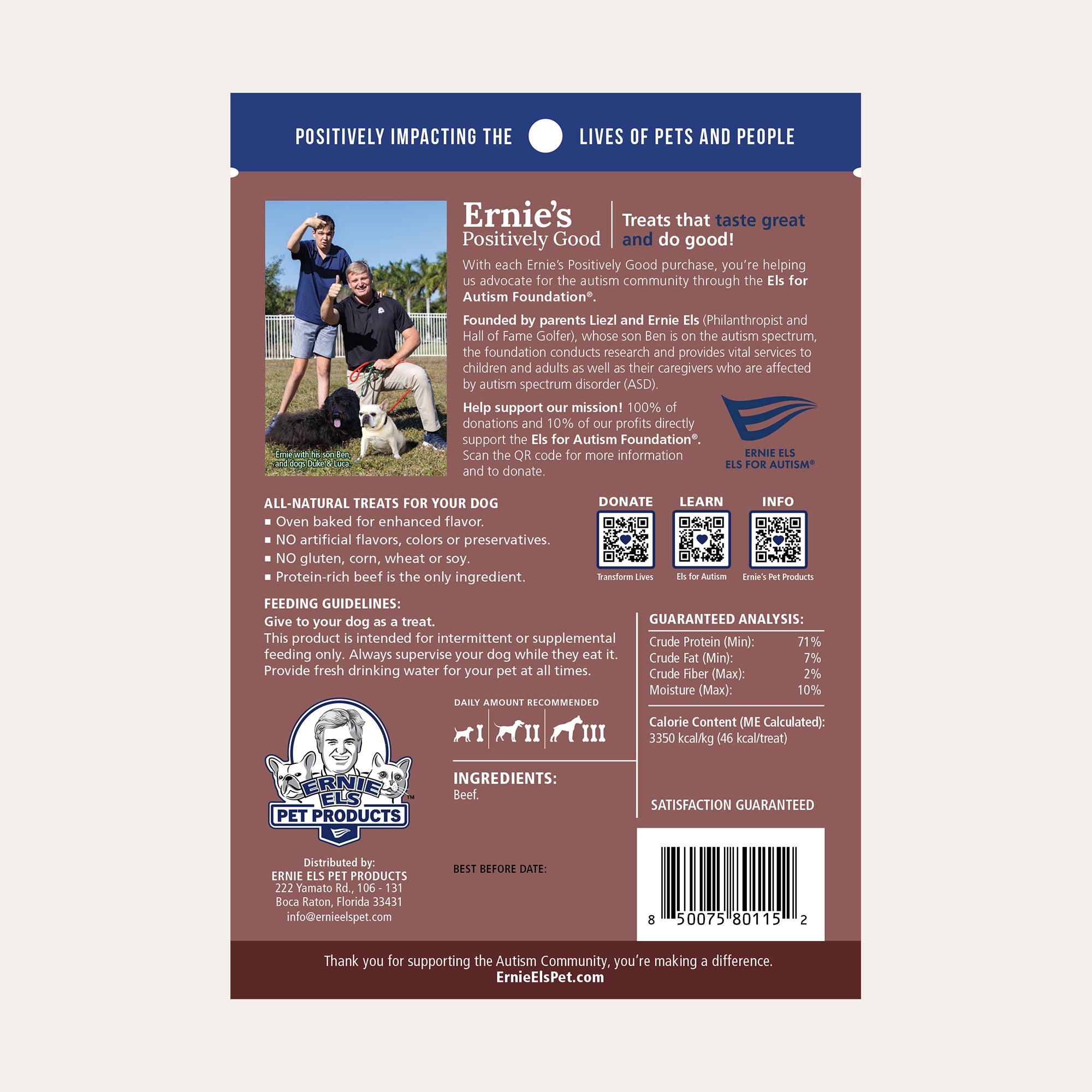 Back of package - Ernie's Positively Good Beef Jerky Dog treats.