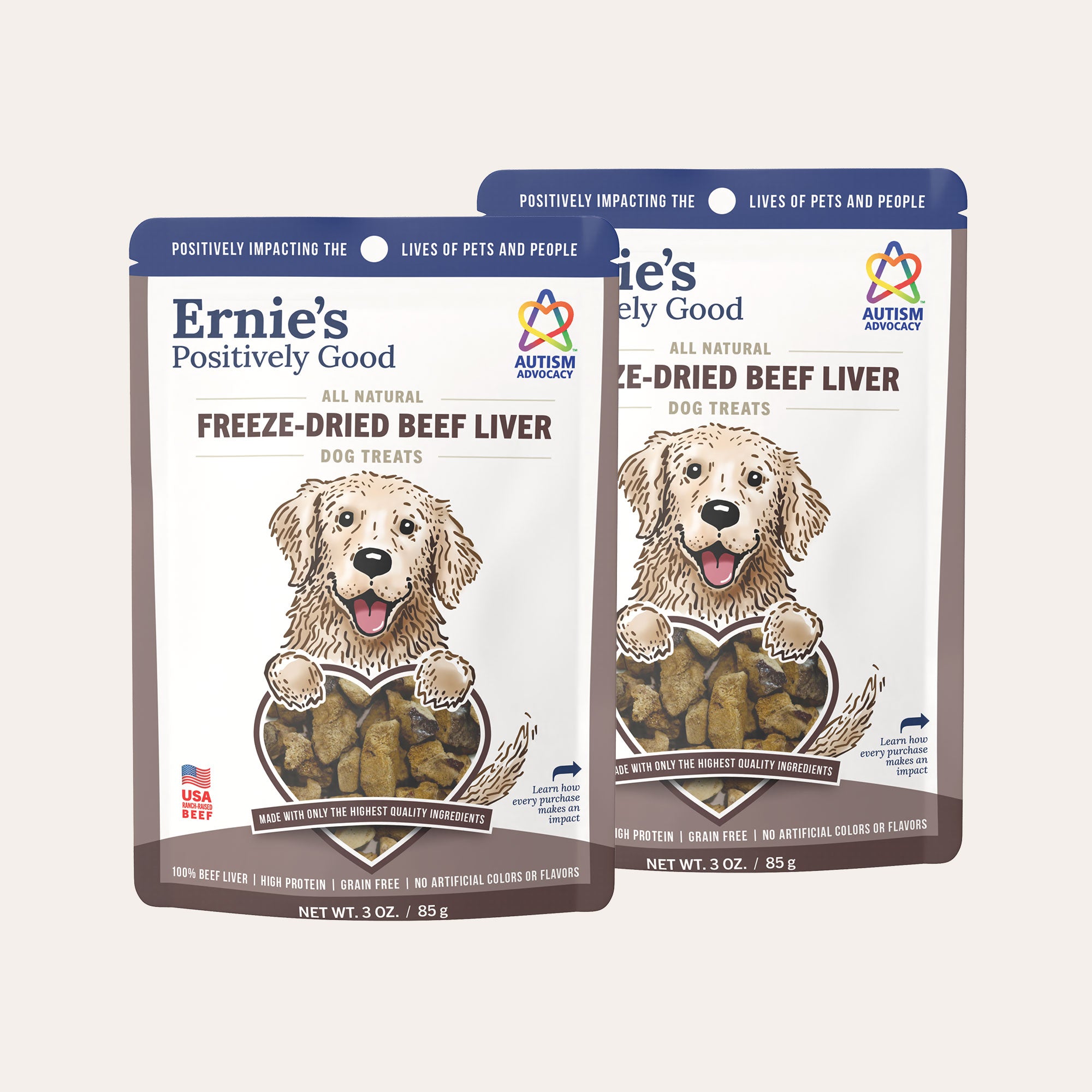 Two pack of Ernie's Positively Good freeze-dried beef liver dog treats.