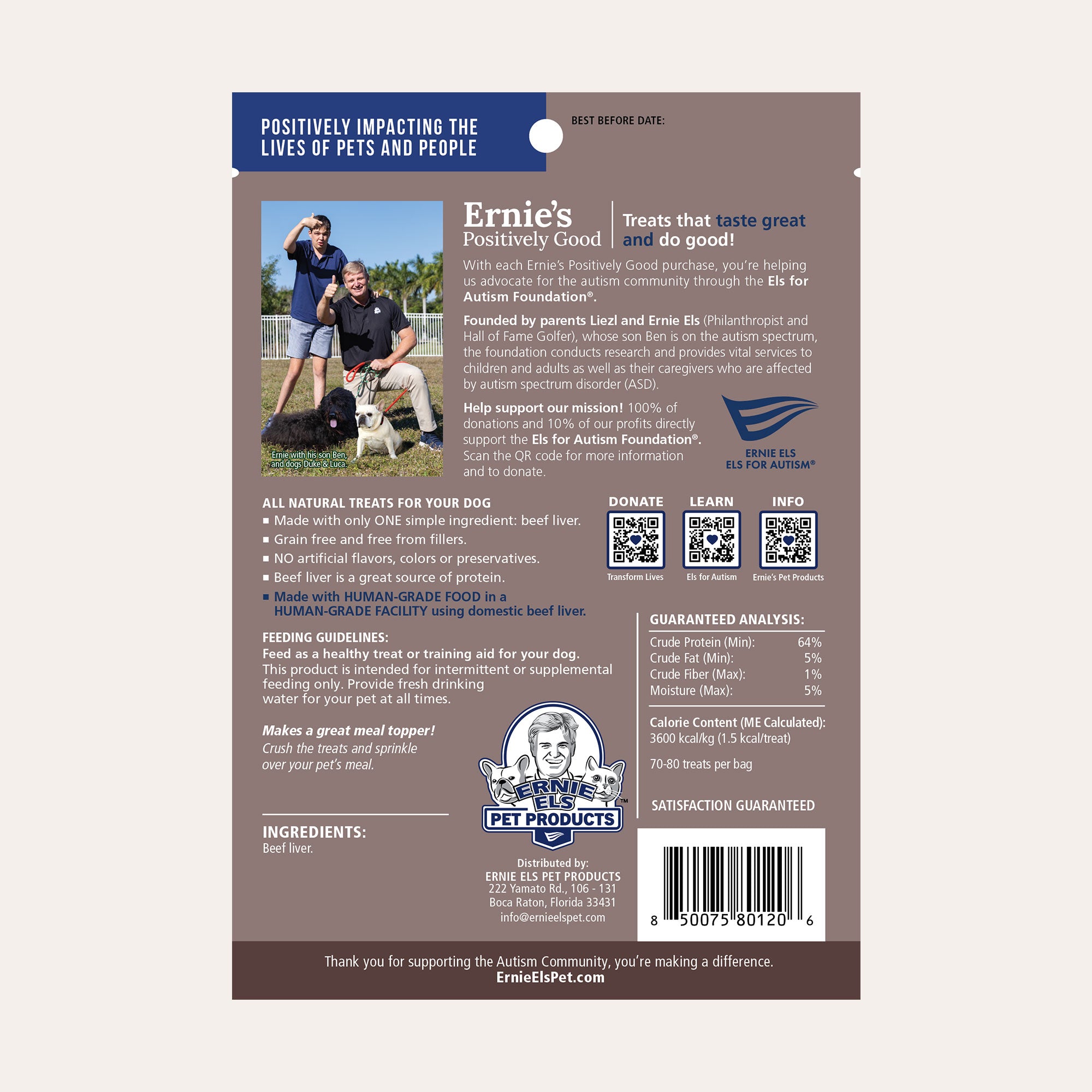 Back of package - Ernie's Positively Good freeze-dried beef liver dog treats.