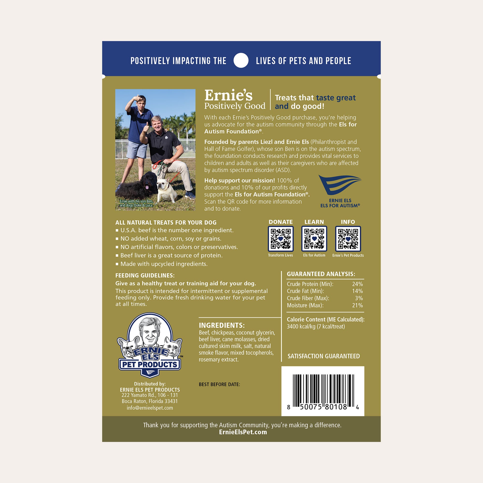 Back of packaging - Ernie's Positively Good grass-fed beef recipe dog treats.