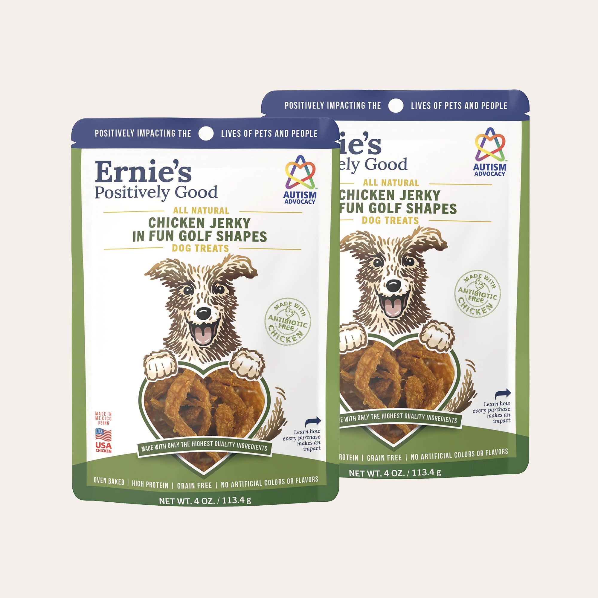 Two pack of Ernie's Positively Good Chicken Jerky In Fun Golf Shapes dog treats.