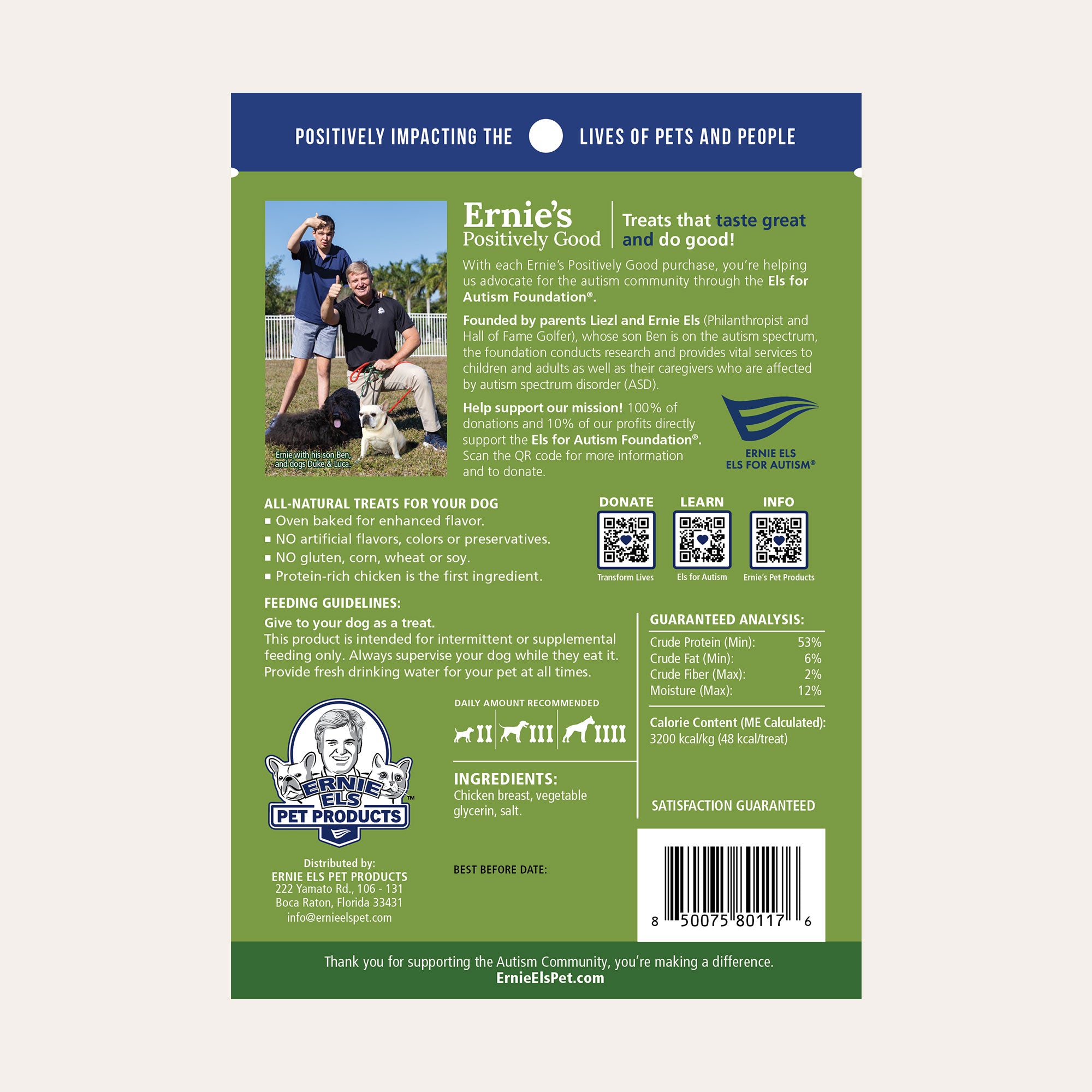 Back of package - Positively Good Chicken Jerky In Fun Golf Shapes dog treats.