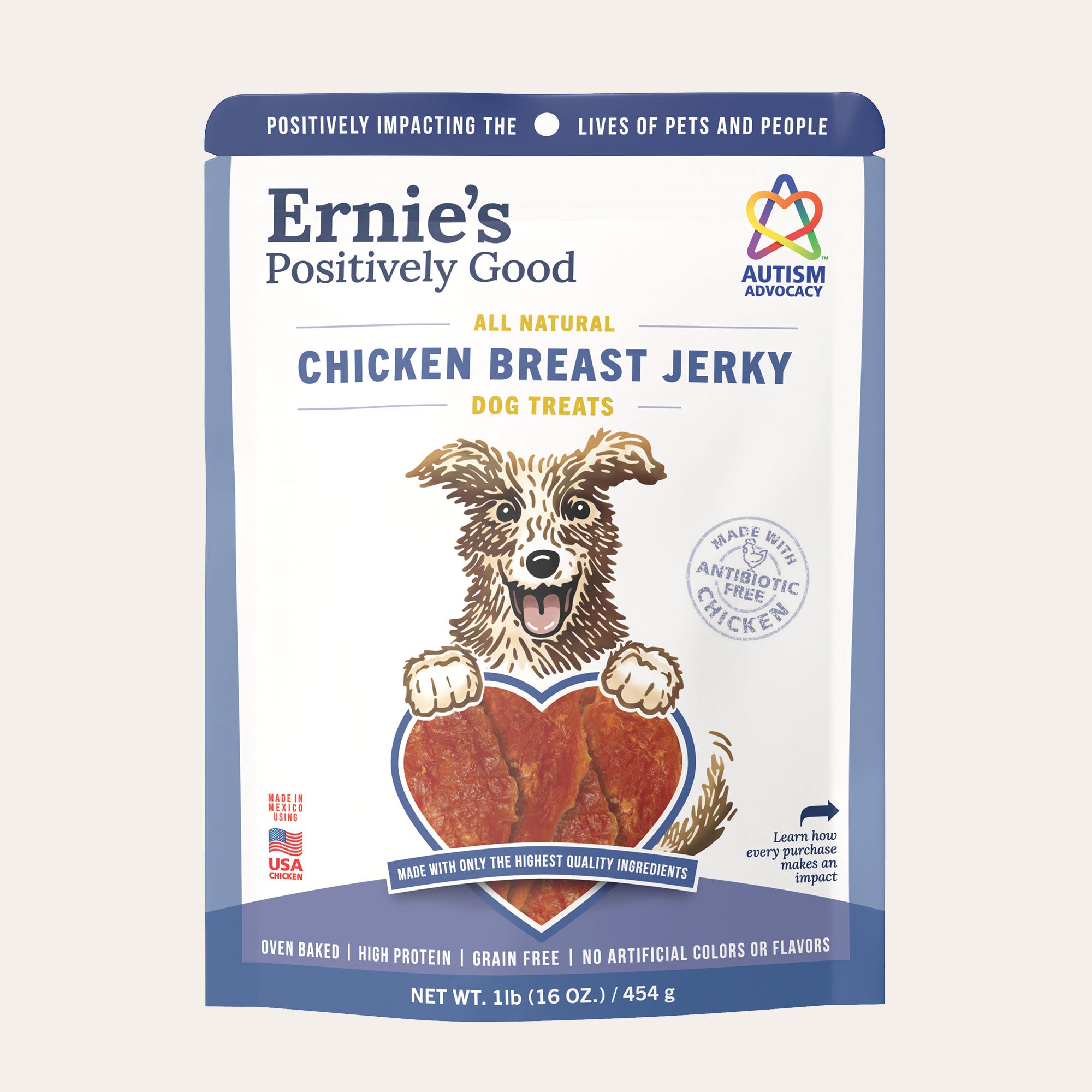 Package of Ernie's Positively Good Chicken Breast Jerky dog treats.