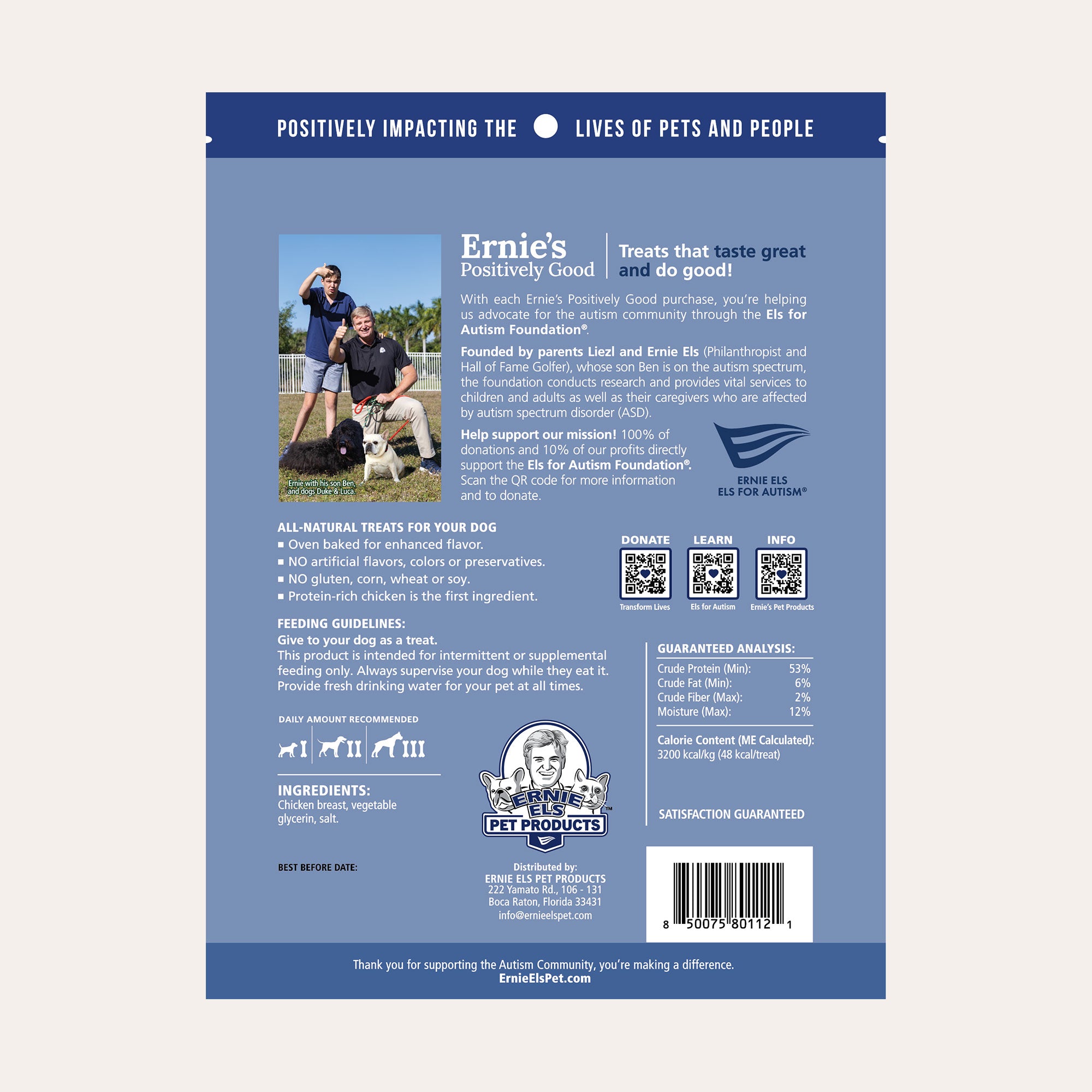 Back of package - Ernie's Positively Good Chicken Breast Jerky dog treats.