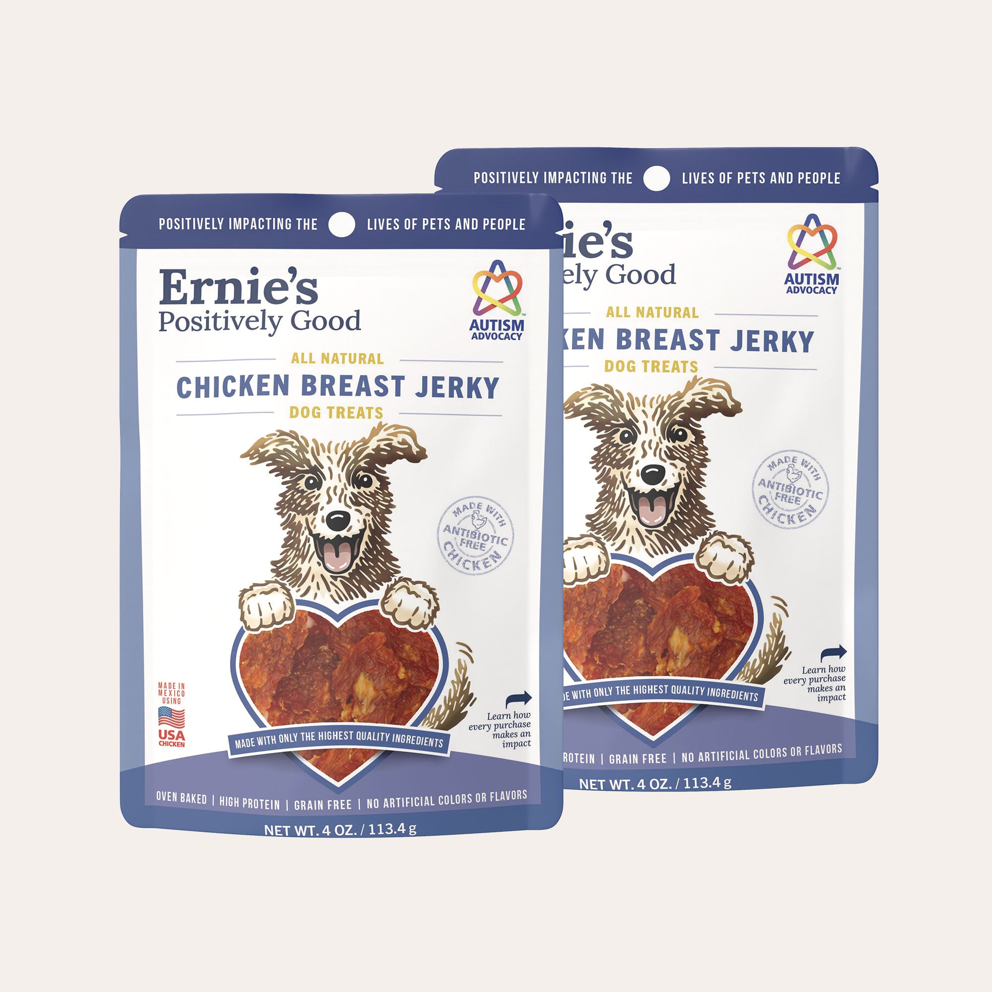 Two pack of pack of Ernie's Positively Good Chicken Breast Jerky dog treats.
