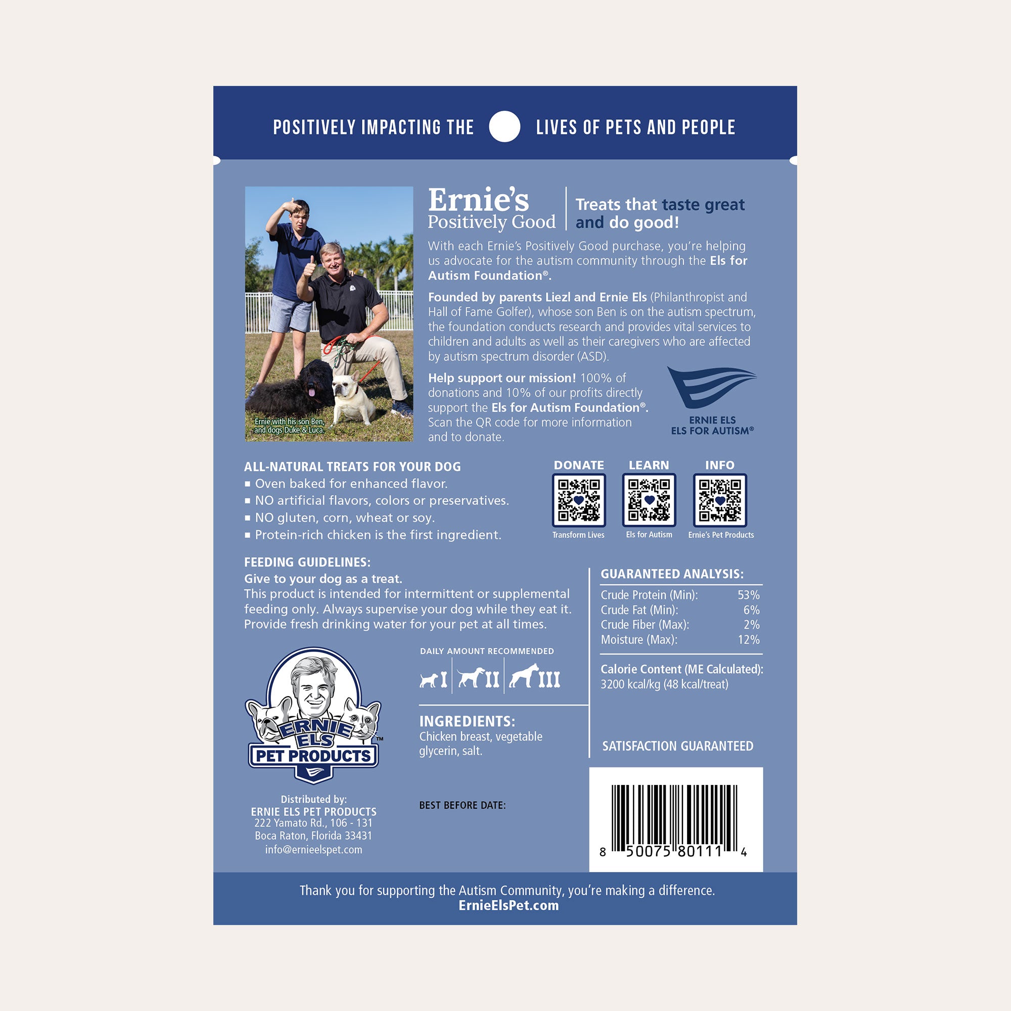 Back of package - Ernie's Positively Good Chicken Breast Jerky dog treats.