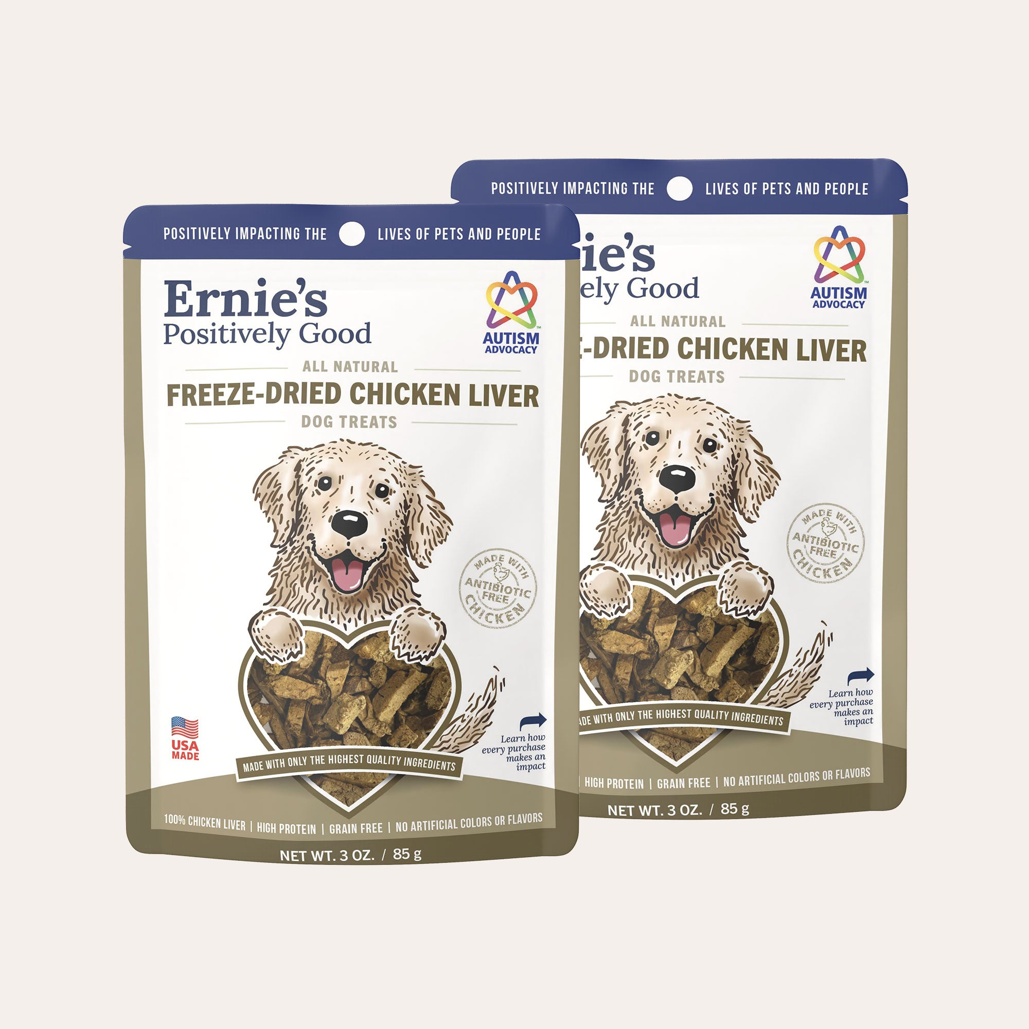 Two pack of Ernie's Positively Good freeze-dried chicken liver dog treats.