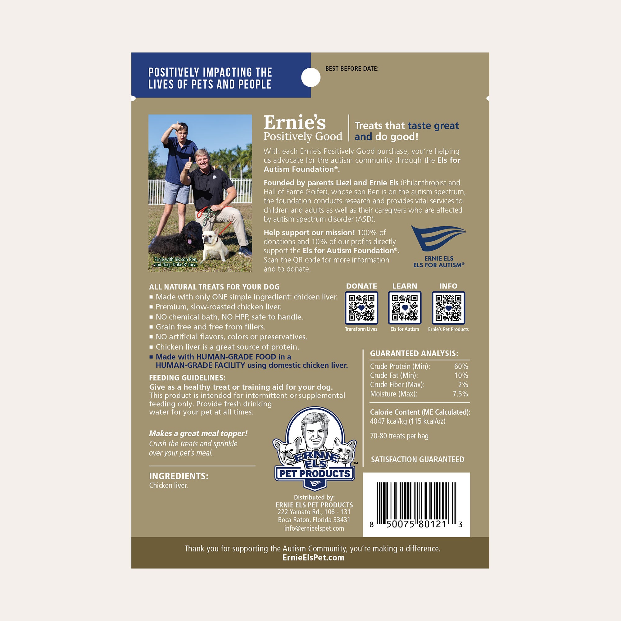 Back of package - Ernie's Positively Good freeze-dried chicken liver dog treats.