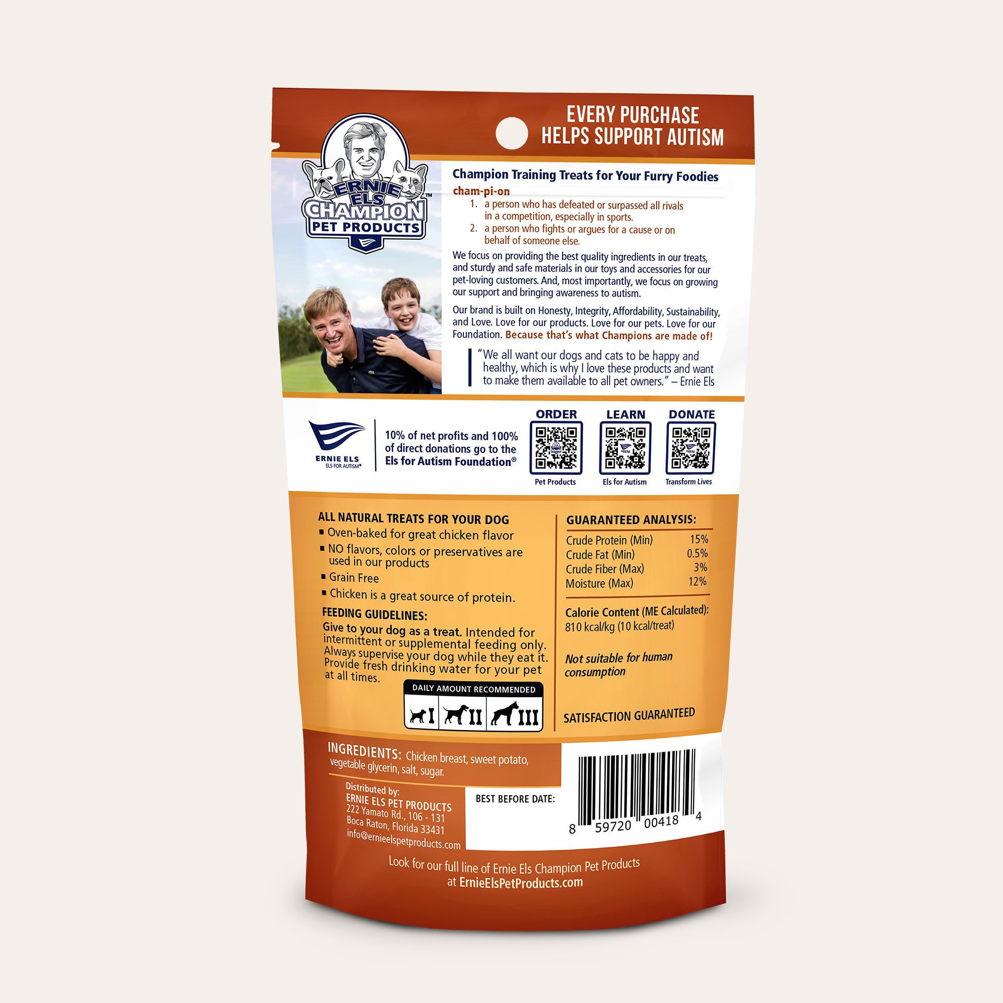 Back of Package: Ernie Els Champion Dog Treats - Chicken Wrapped Sweet Potato Recipe
