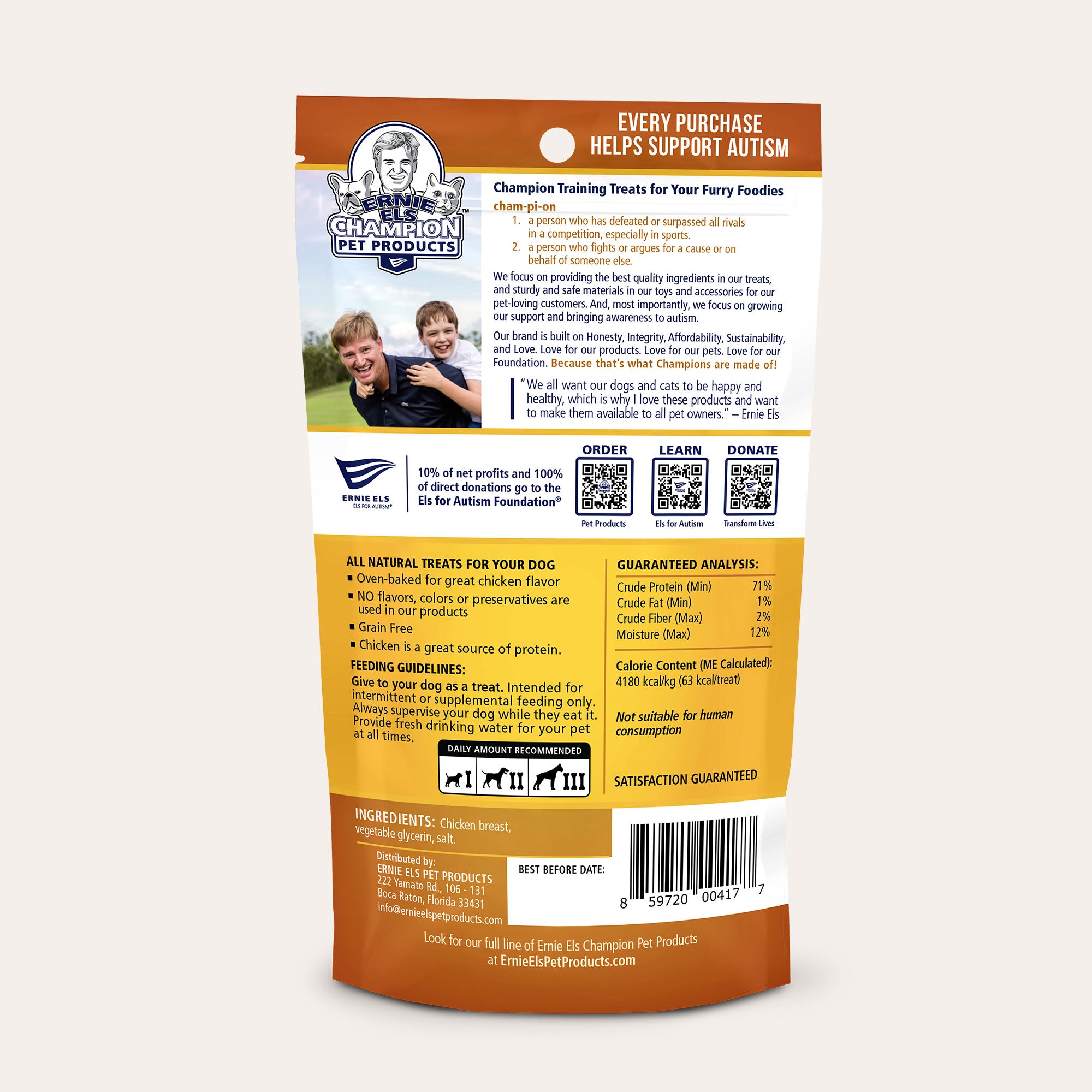 Back of Package: Ernie Els Champion Dog Treats - Chicken Jerky