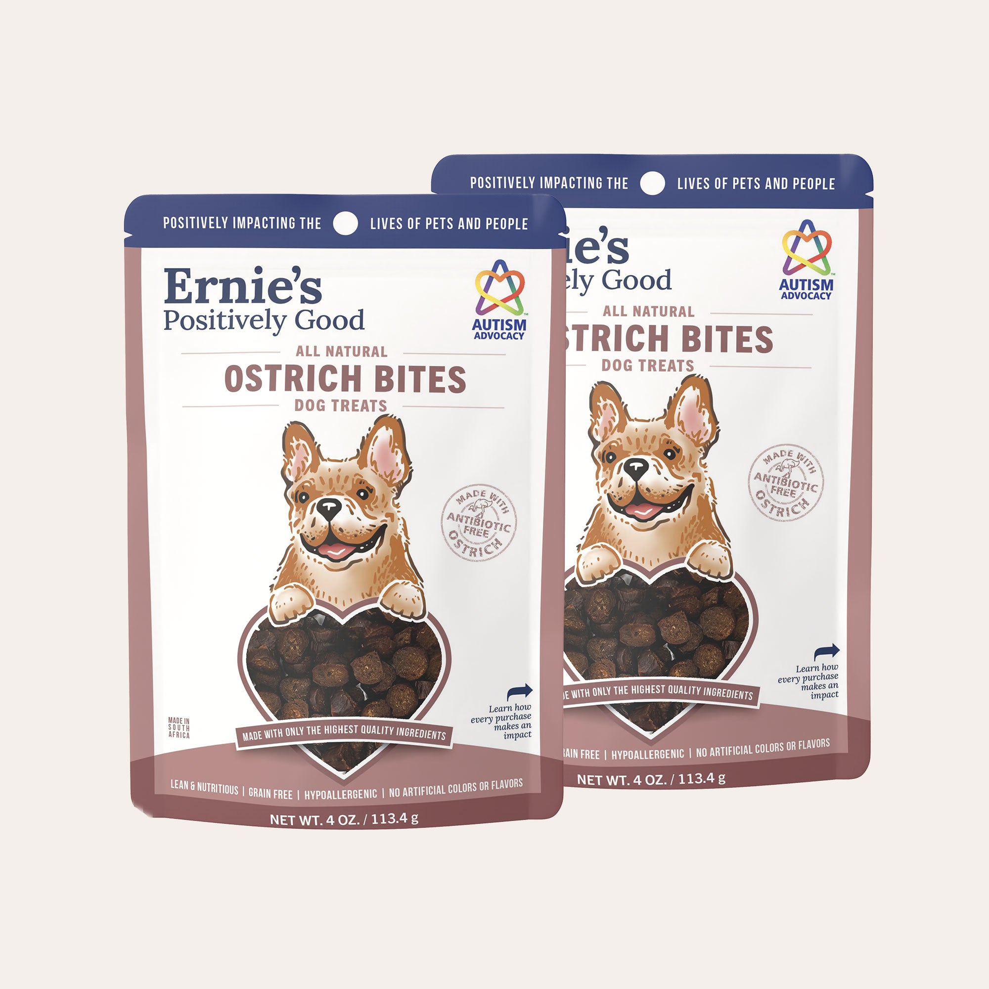 Two pack of Ernie's Ostrich Bites dog treats.