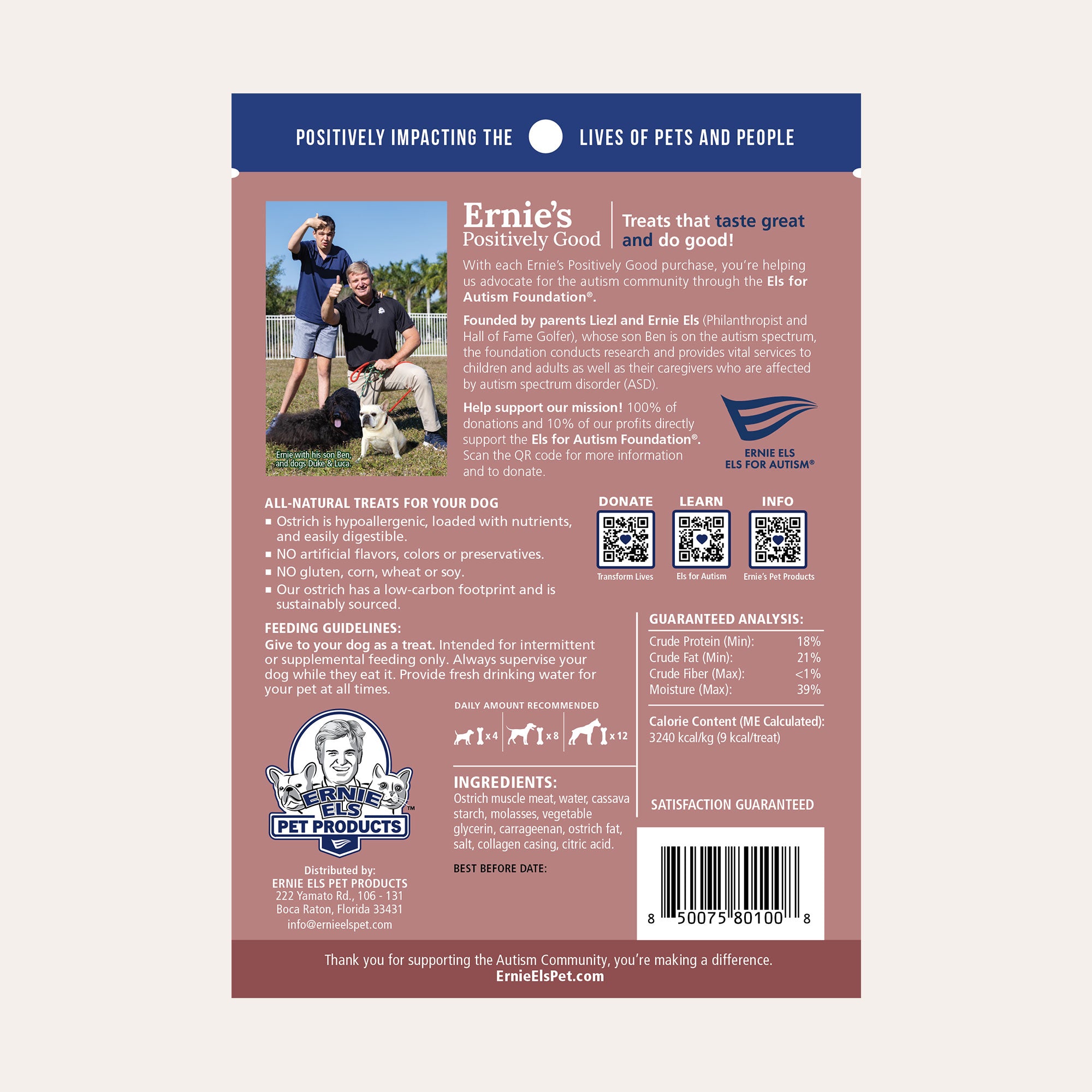 Back of packaging - Ernie's Ostrich Bites dog treats.
