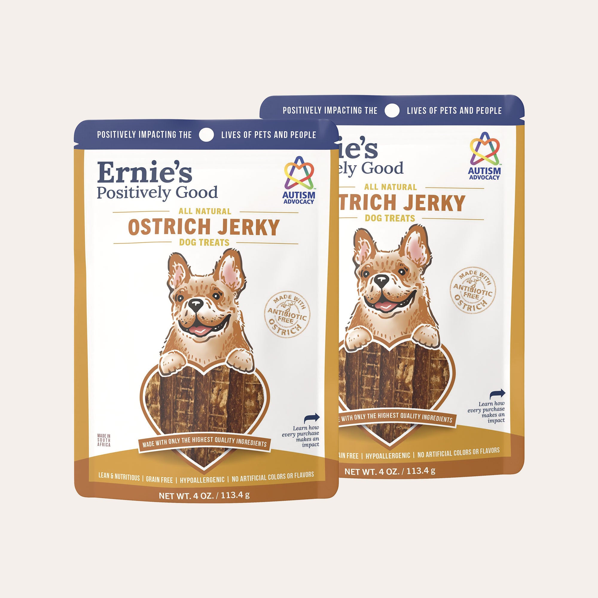 Two pack of Ernie's Positively Good Ostrich Jerky dog treats.