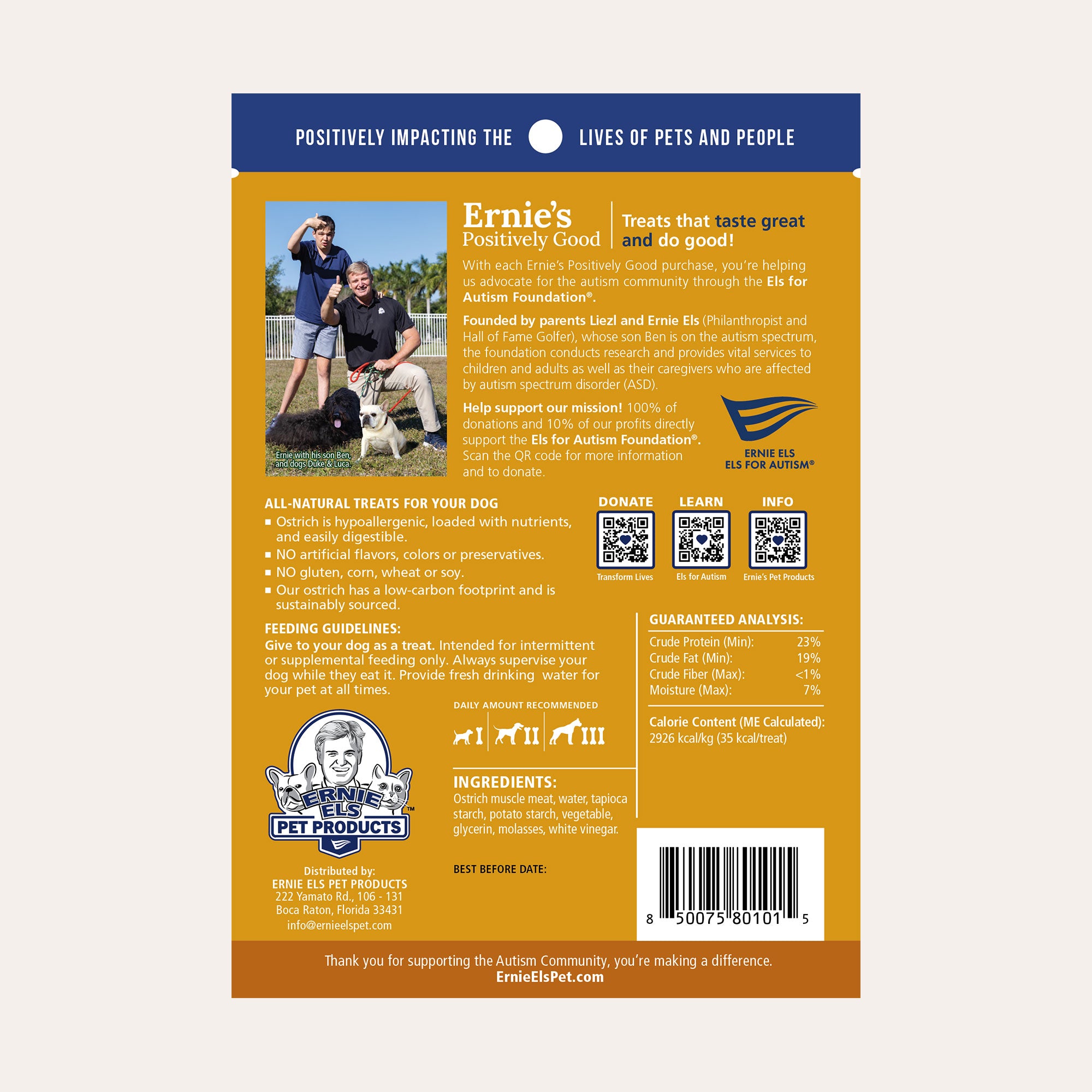 Back of package - Ernie's Positively Good Ostrich Jerky dog treats.