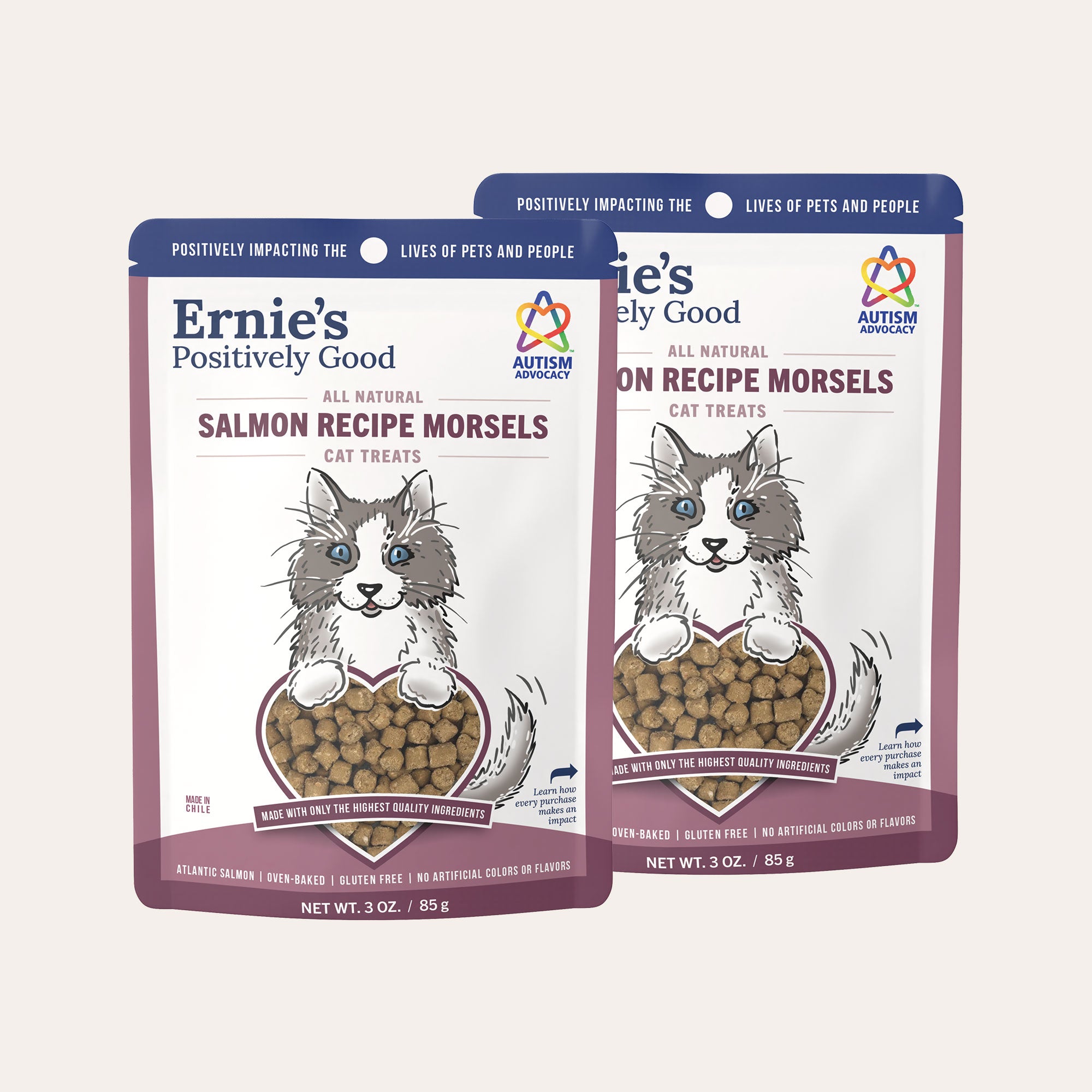 Two pack of Ernie's Positively Good Salmon Recipe Morsels cat treats.