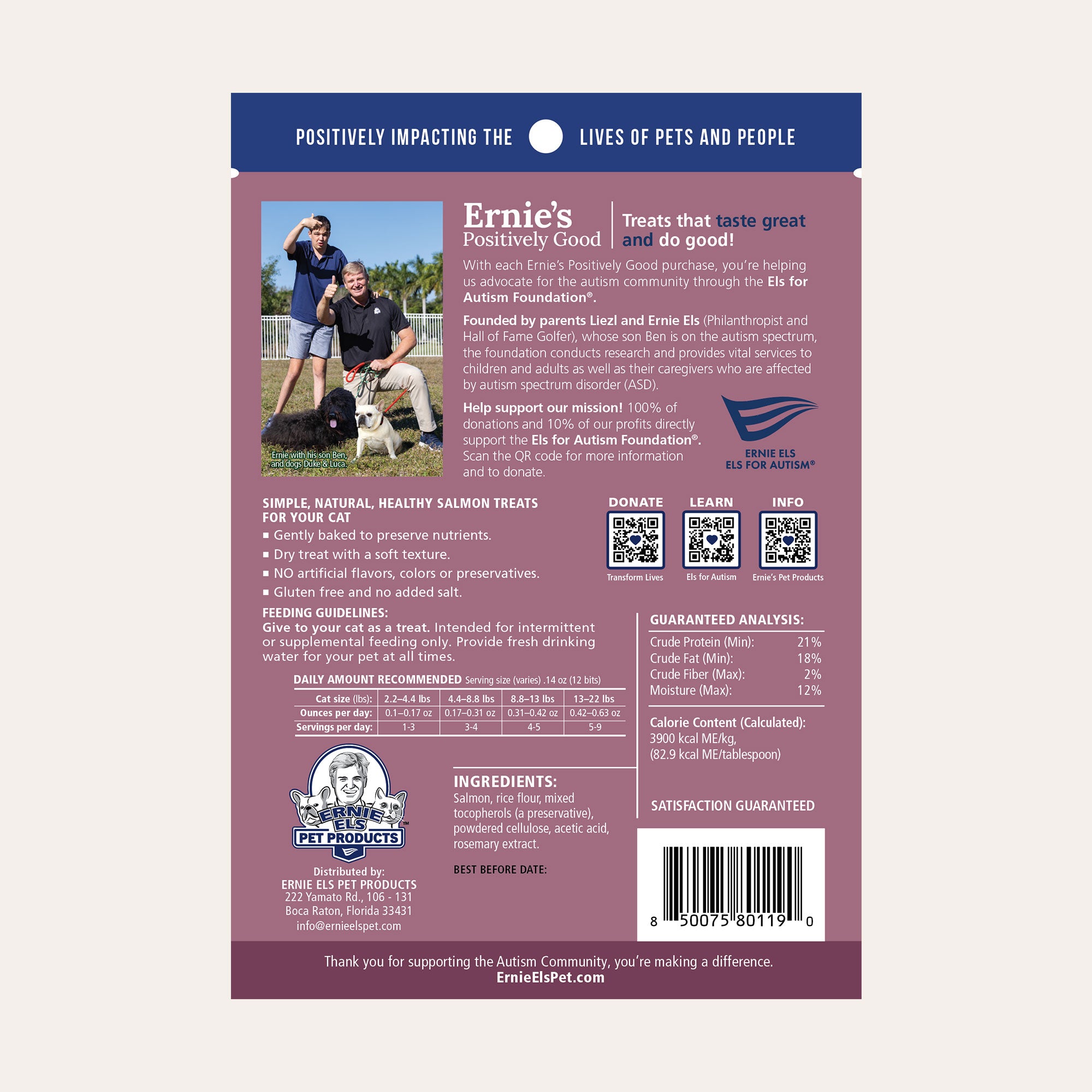 Back of package - Ernie's Positively Good Salmon Recipe Morsels cat treats.