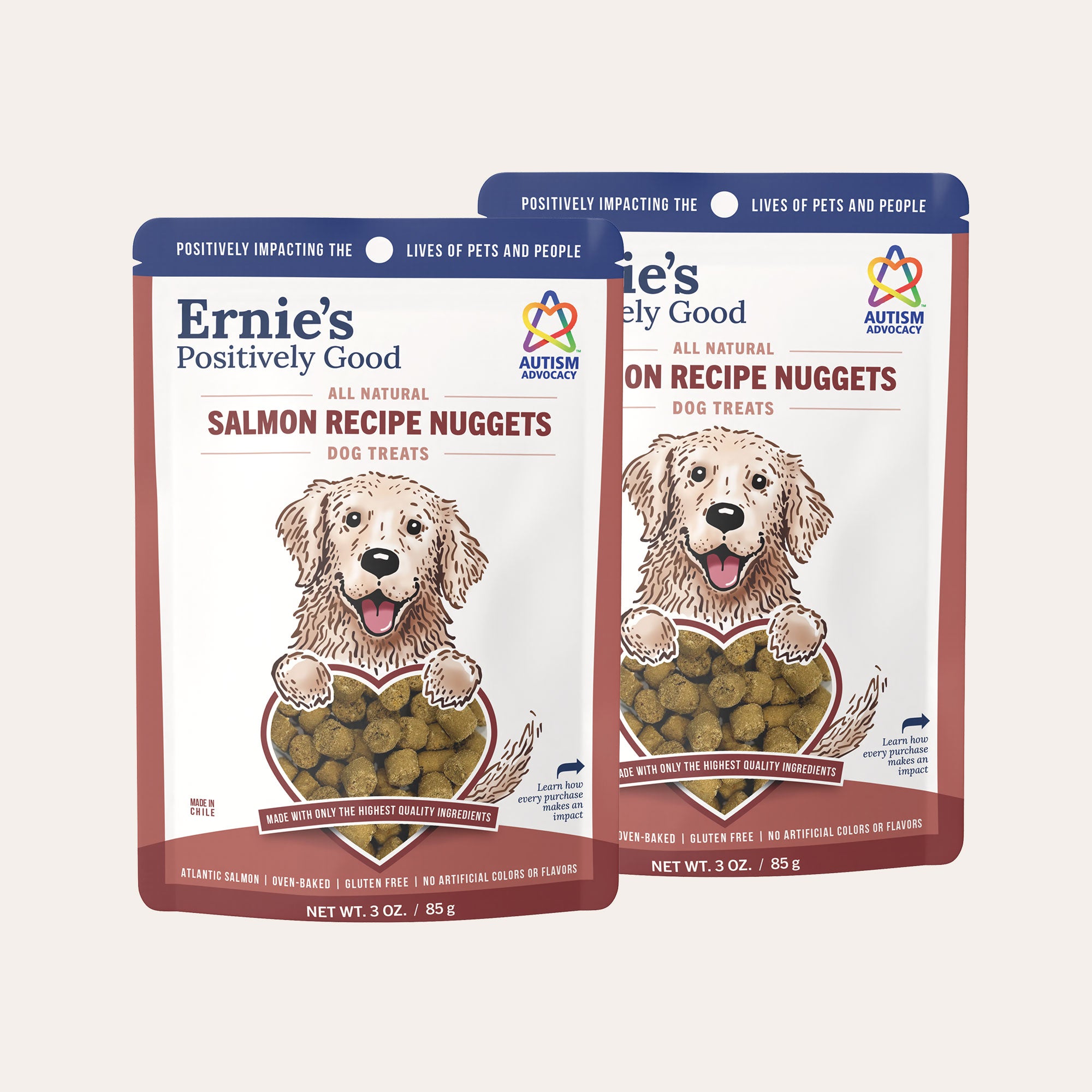 Two pack of Ernie's Salmon Recipe Nuggets dog treats.