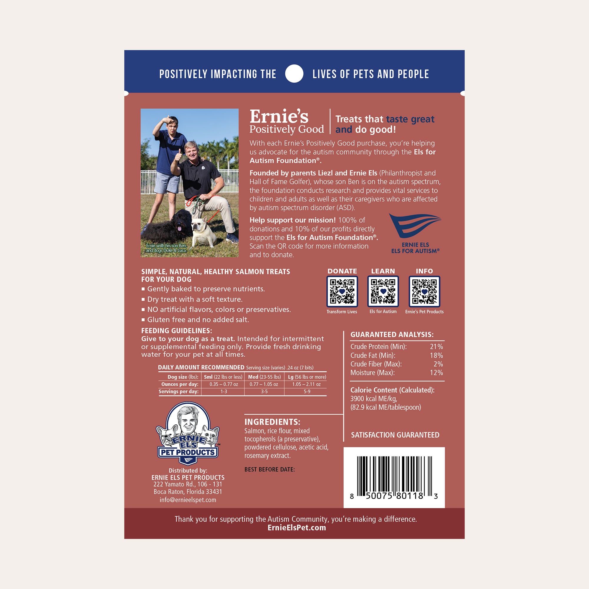 Back of package - Ernie's Salmon Recipe Nuggets dog treats.