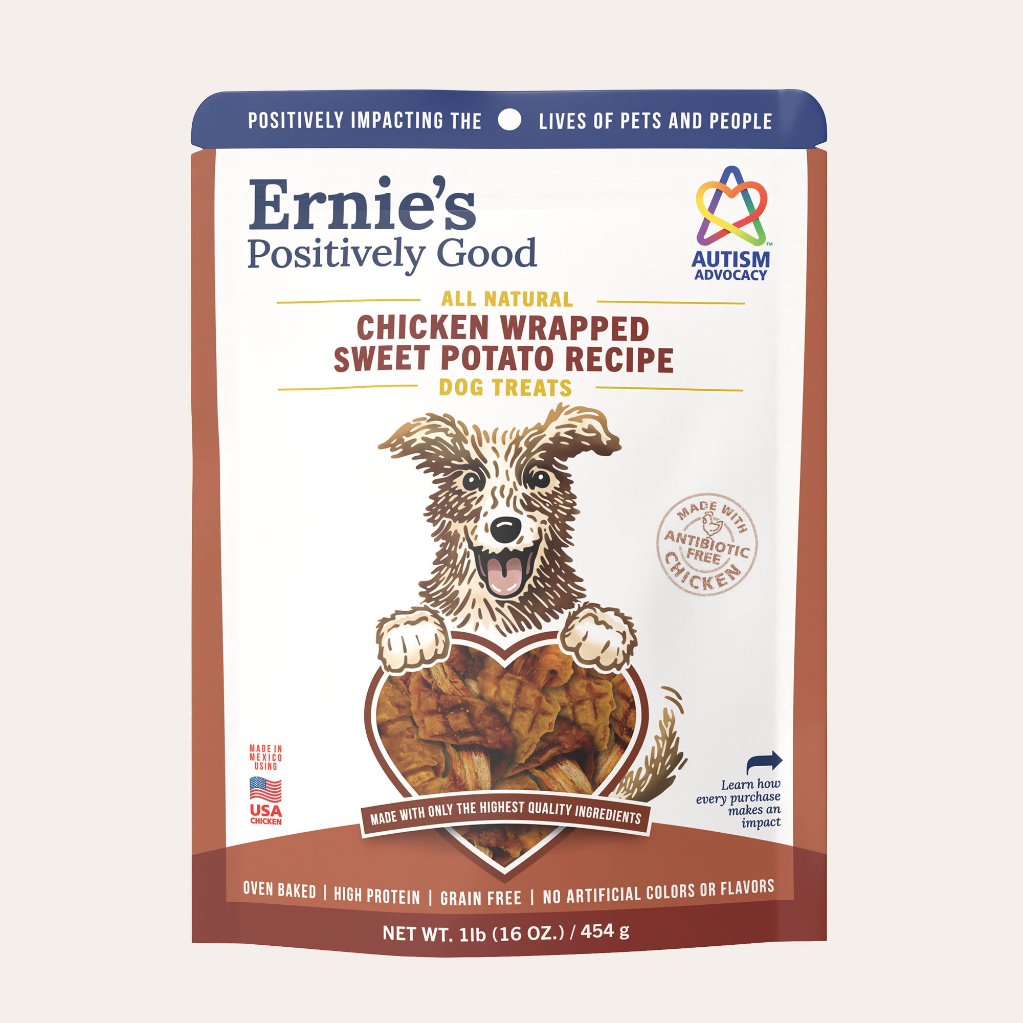 Package of Ernie's Positively Good Chicken Wrapped Sweet Potato Recipe dog treats.