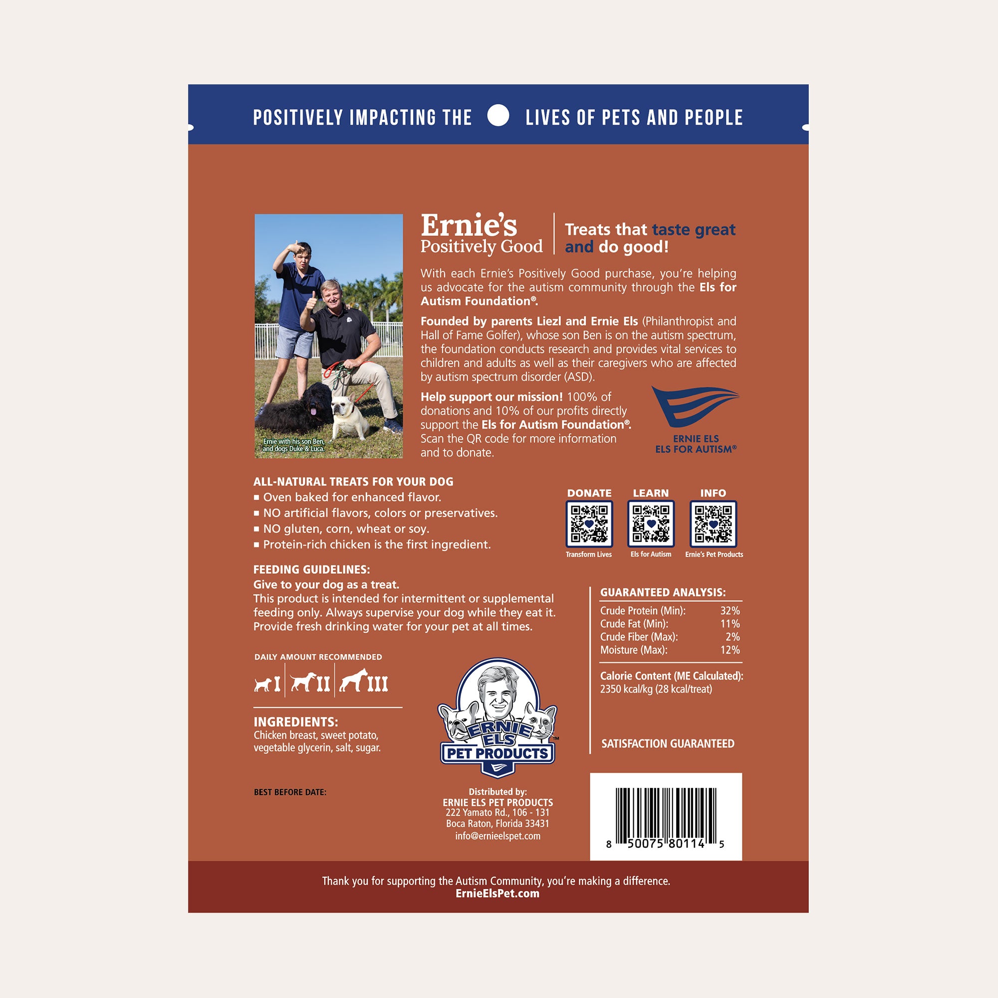 Back of package - Ernie's Positively Good Chicken Wrapped Sweet Potato Recipe dog treats.