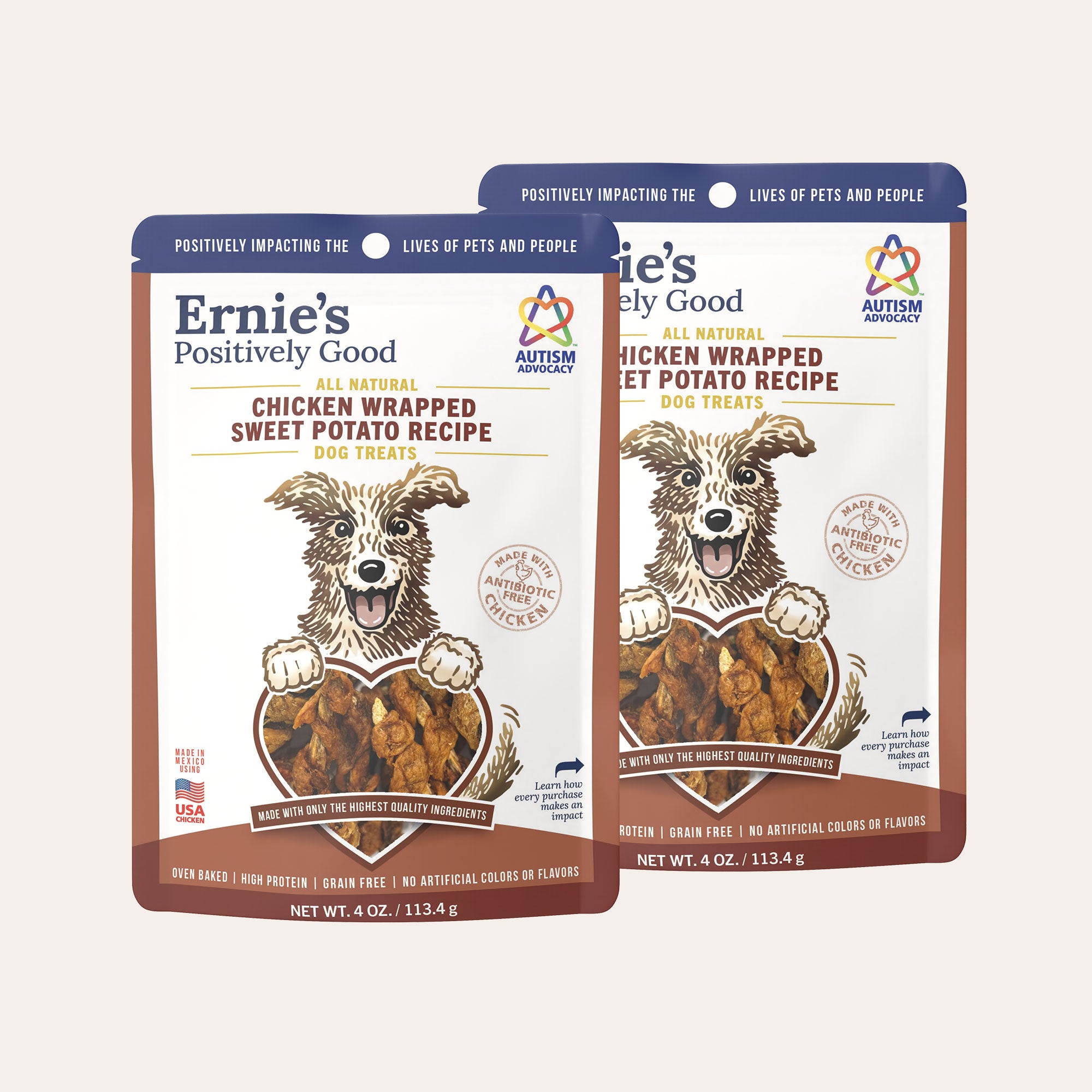Two pack of Ernie's Positively Good Chicken Wrapped Sweet Potato Recipe dog treats.