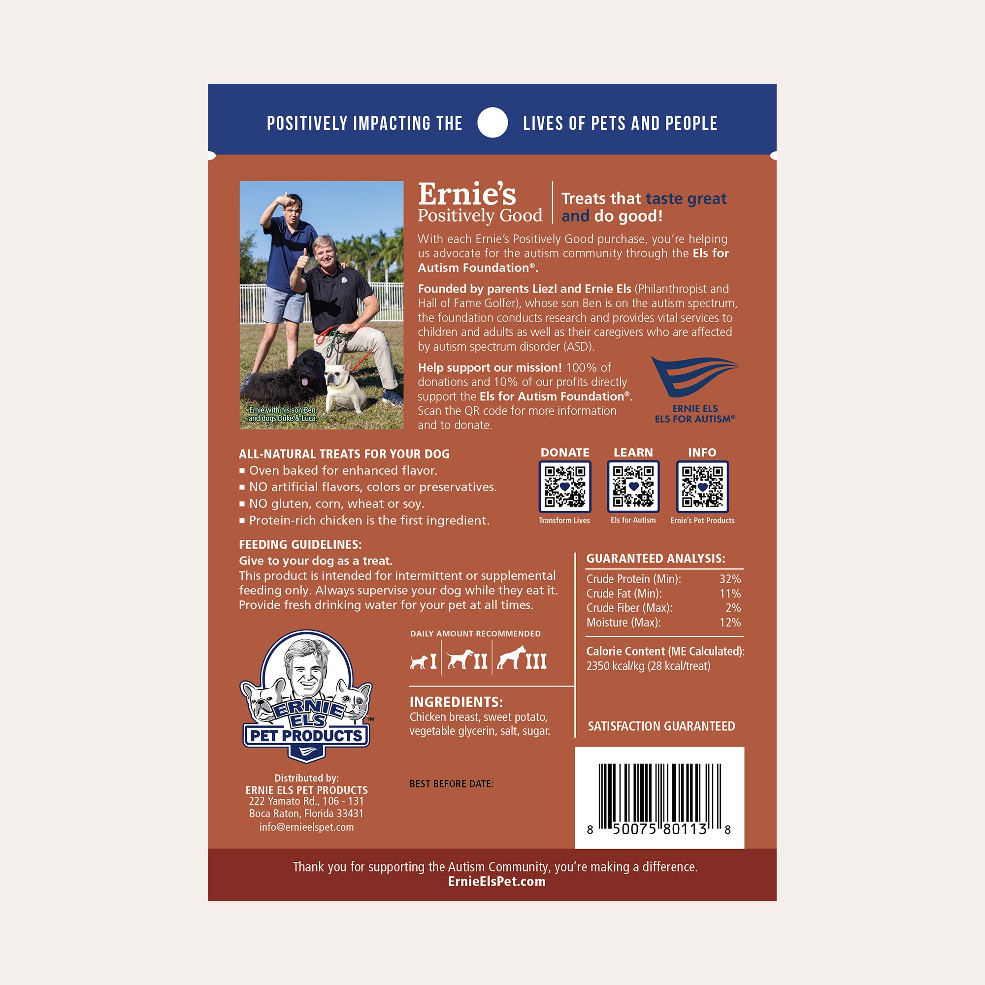 Back of package - Ernie's Positively Good Chicken Wrapped Sweet Potato Recipe dog treats.