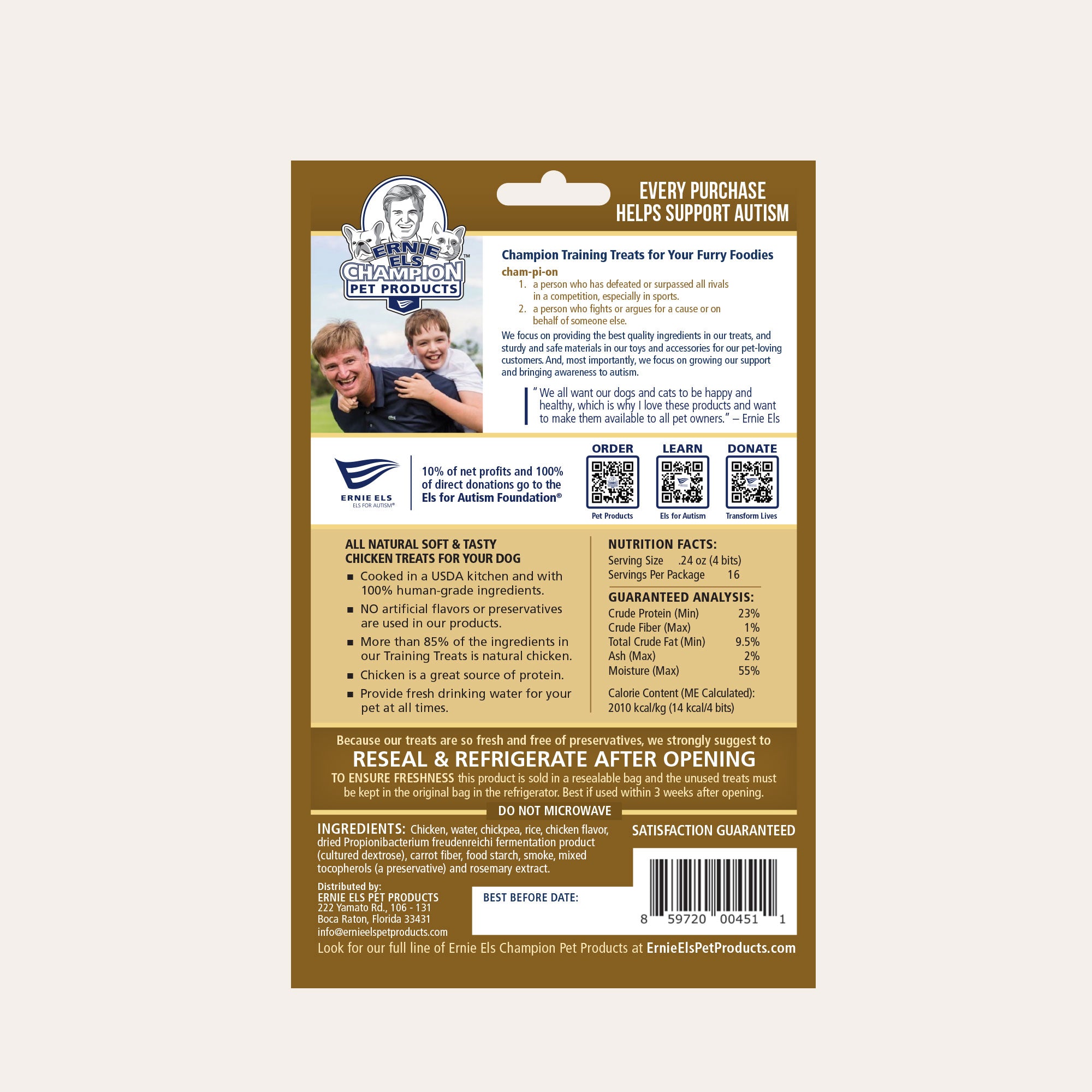 Back of package: Ernie Els Champion Dog Treats - Chicken with Rice