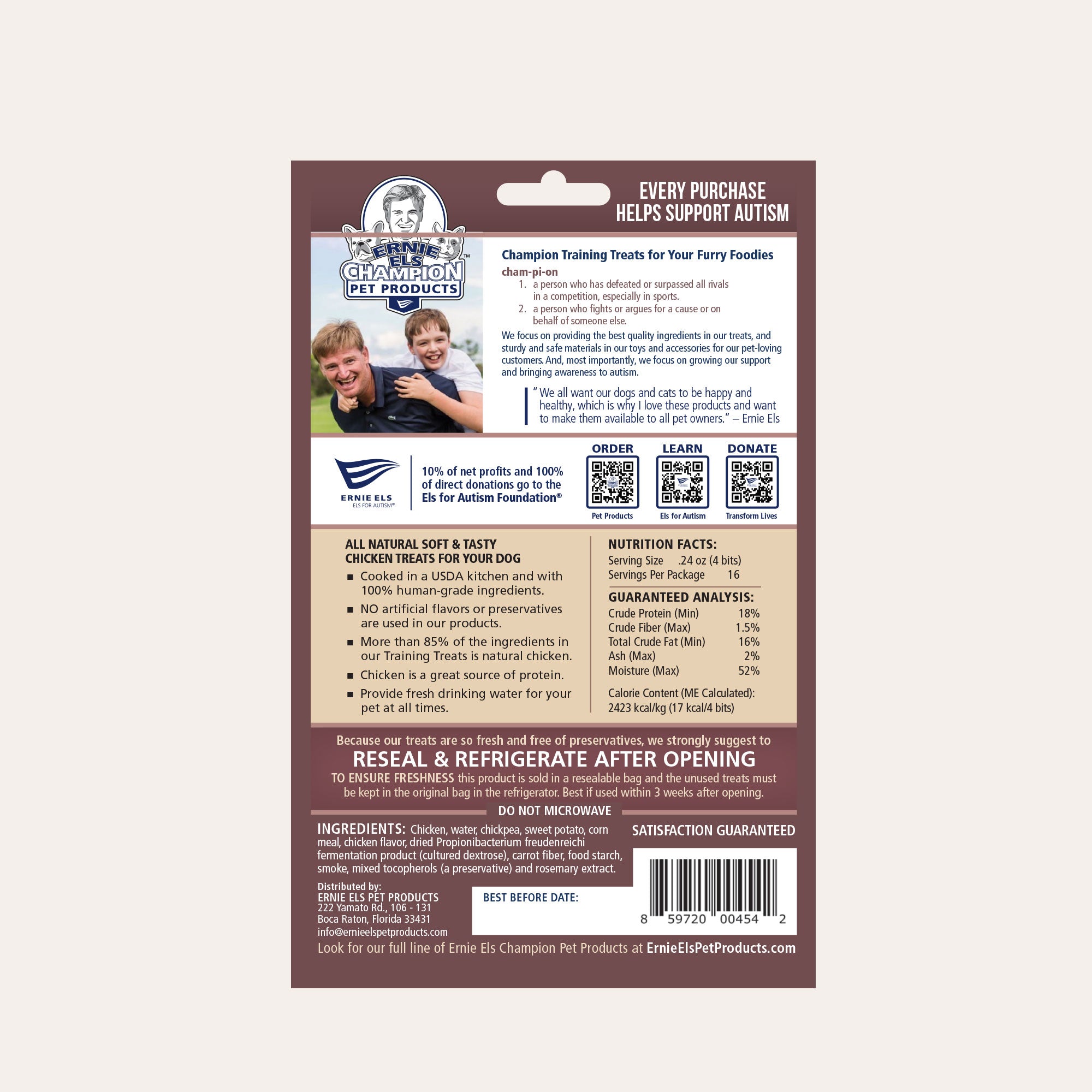 Back of package: Ernie Els Champion Dog Treats - Chicken with Sweet Potato