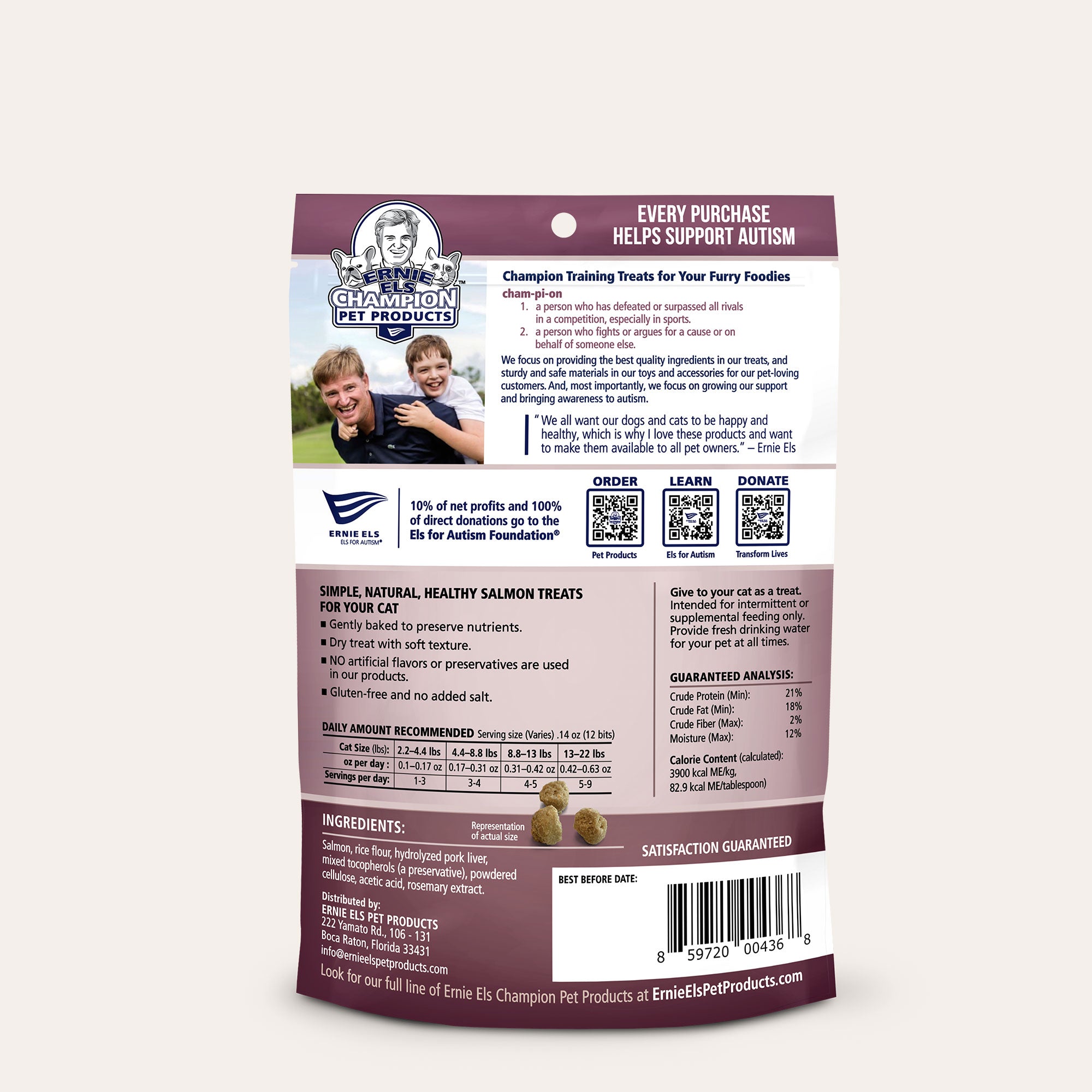 Back of package: Ernie Els Champion Pet Products - All Natural Salmon Cat Treats
